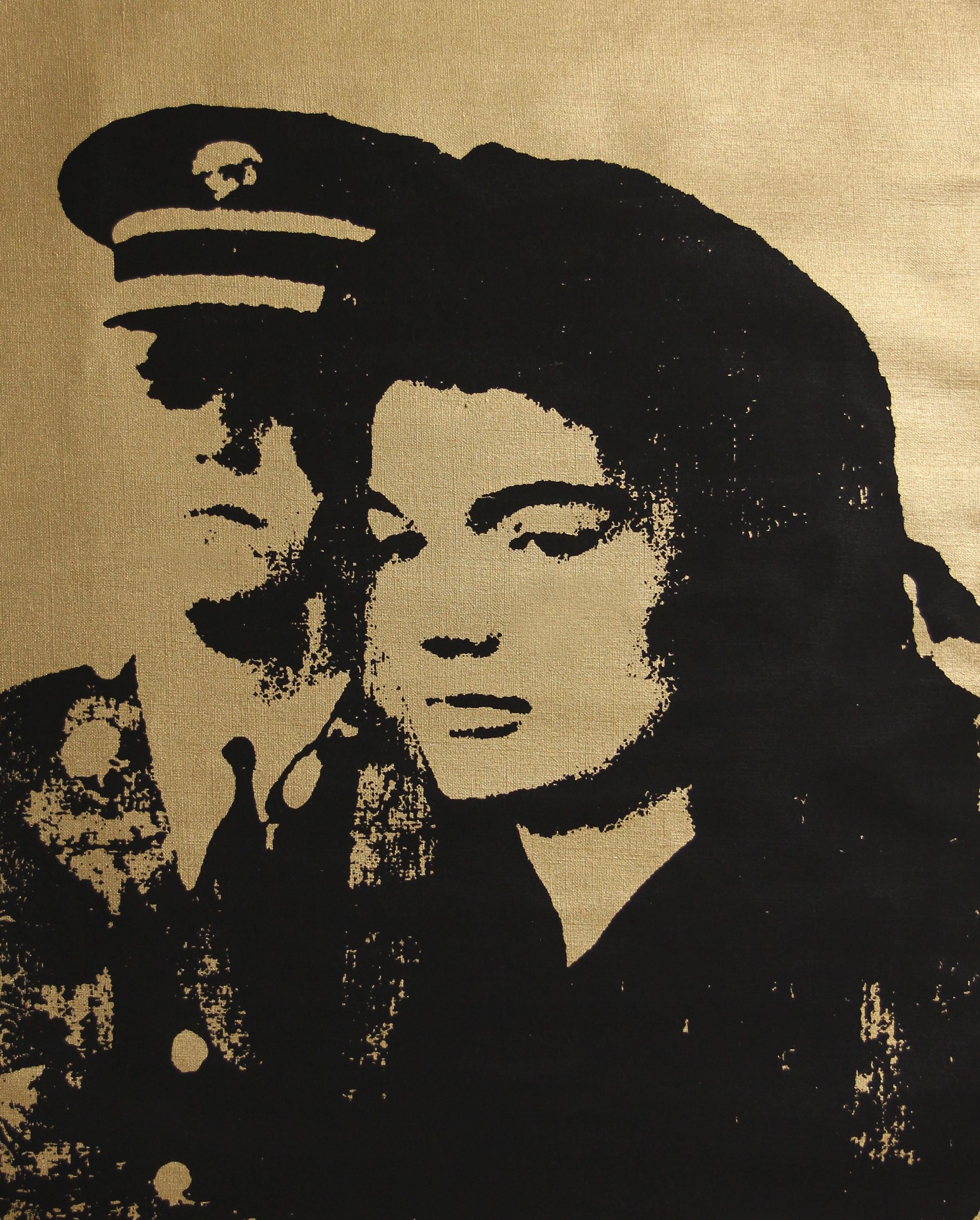 Verweigerter Warhol Jackie in Schwarz und Gold von Charles Lutz
Siebdruck und goldene Sprühemaille auf Vintage-Leinen aus den 1960er Jahren mit Verweigerungsstempel des Andy Warhol Art Authentication Board.
20 x 16" Zoll
2008

Lutz' Serie "Warhol