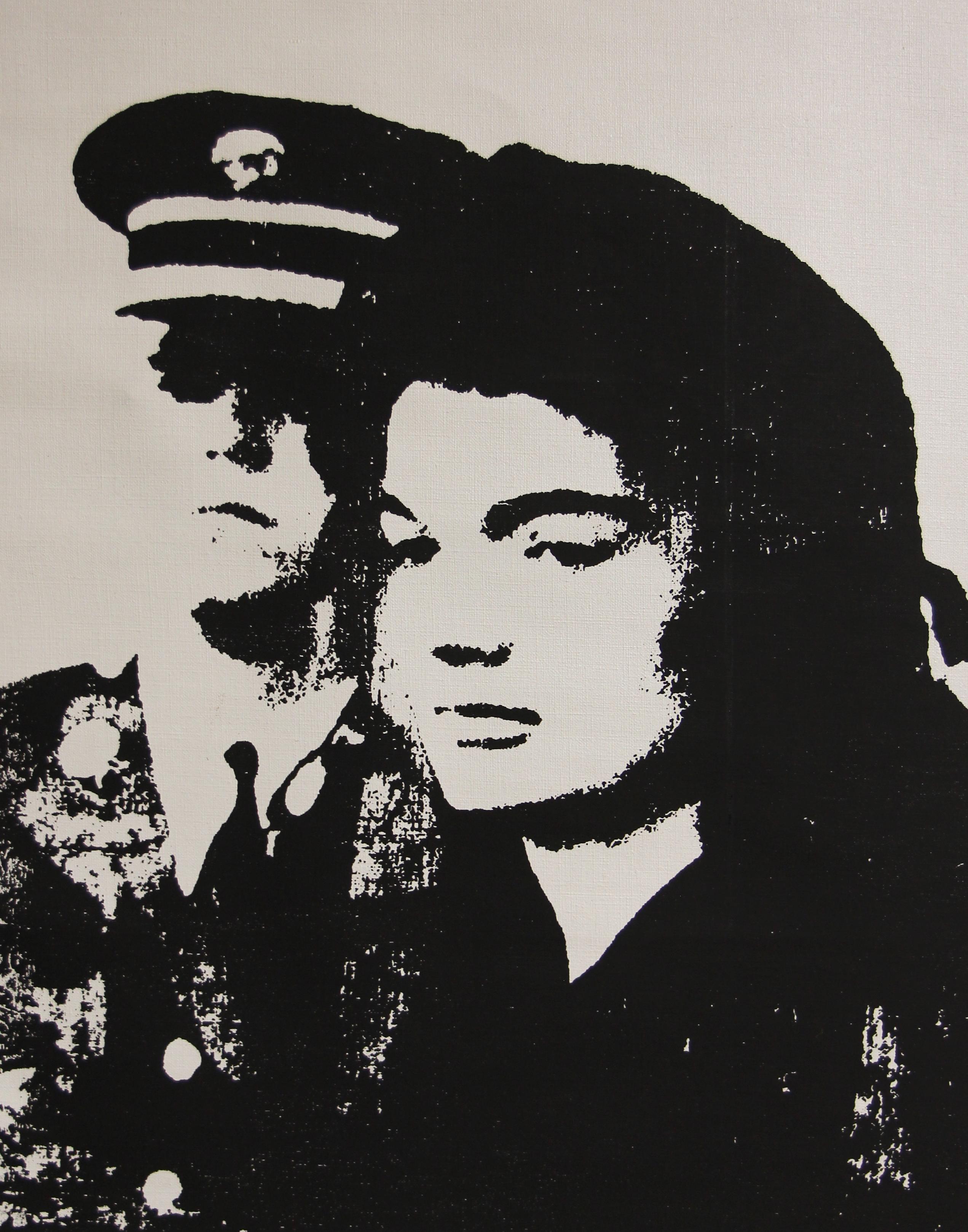 Verweigerter Warhol Jackie in Schwarz und Weiß von Charles Lutz
Siebdruck und goldene Sprühemaille auf Vintage-Leinen aus den 1960er Jahren mit Verweigerungsstempel des Andy Warhol Art Authentication Board.
20 x 16" Zoll
2008

Lutz' Serie "Warhol