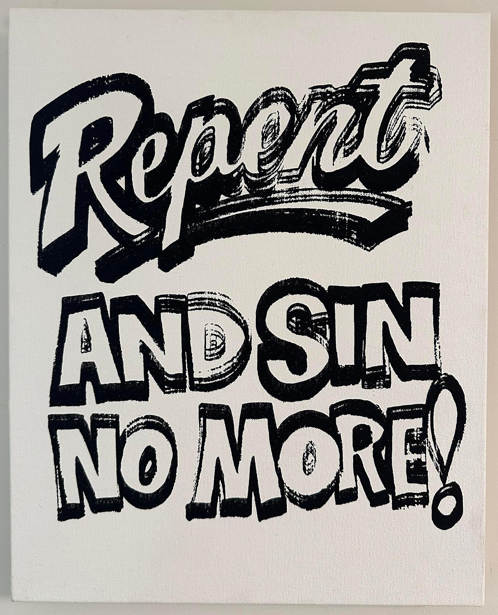 Denied Andy Warhol: „Repent & Sin No More“, schwarzes und weißes Gemälde von Charles Lutz im Angebot 1