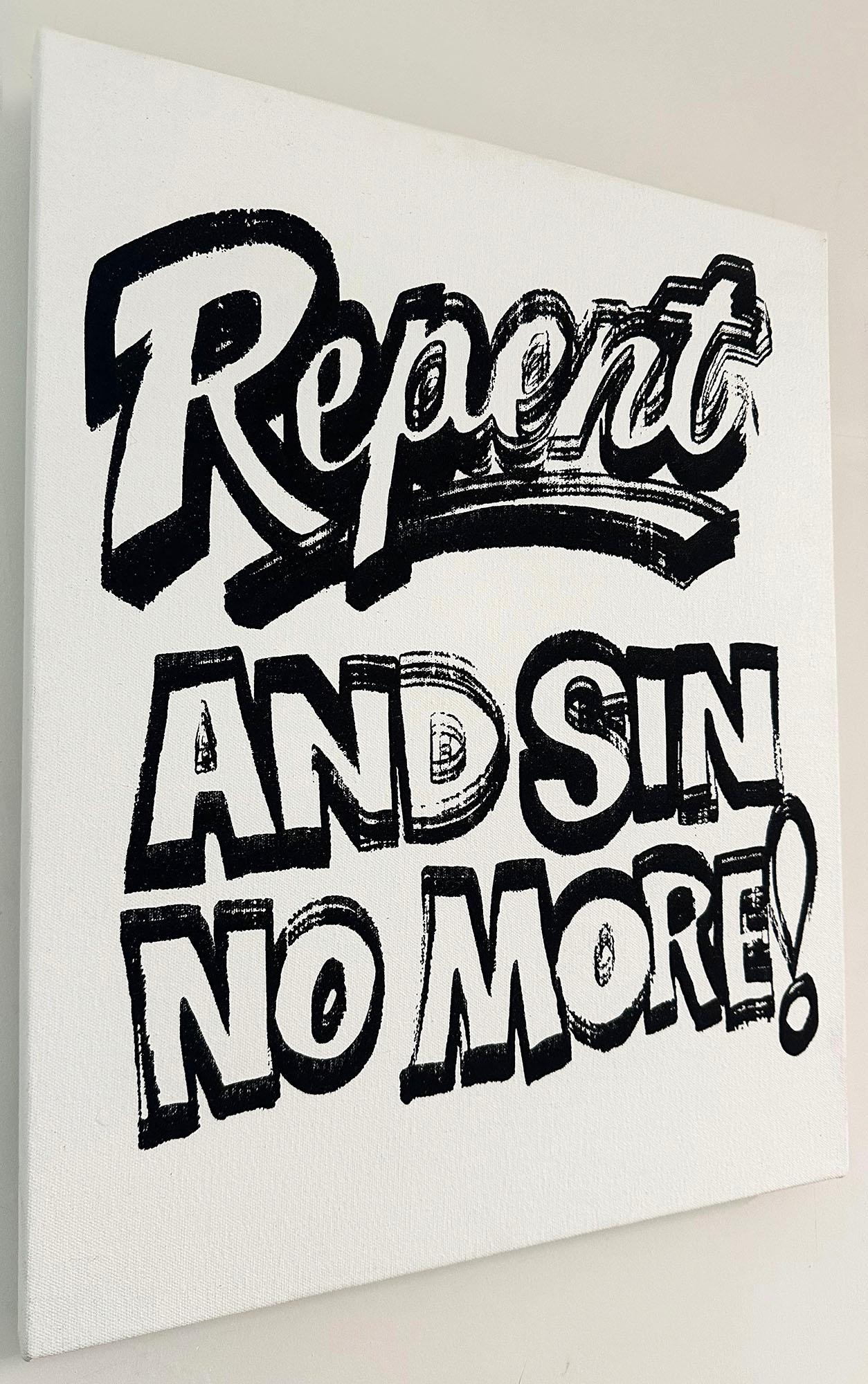 Denied Andy Warhol: „Repent & Sin No More“, schwarzes und weißes Gemälde von Charles Lutz im Angebot 2
