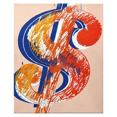 Denied Warhol Dollar Sign Pop Art Painting in Orange and Blue by Charles Lutz