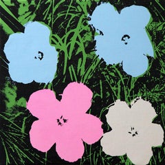 Denied Warhol Flowers, (Pink, Blue, & White) Silkscreen Painting by Charles Lutz