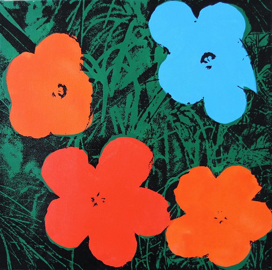 Verweigerte Warhol Blumen, (ROT ORANGE BLAU) Siebdruck auf Leinwand Gemälde von Charles Lutz
Siebdruck und Acryl auf Leinen mit Verweigerungsstempel des Andy Warhol Art Authentication Board. 
24 x 24" Zoll 
2008

Lutz' Serie "Warhol Denied" aus dem