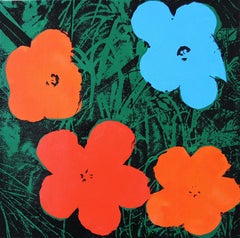 Vintage Denied Andy Warhol Flowers (RED ORANGE BLUE) Painting by Charles Lutz
