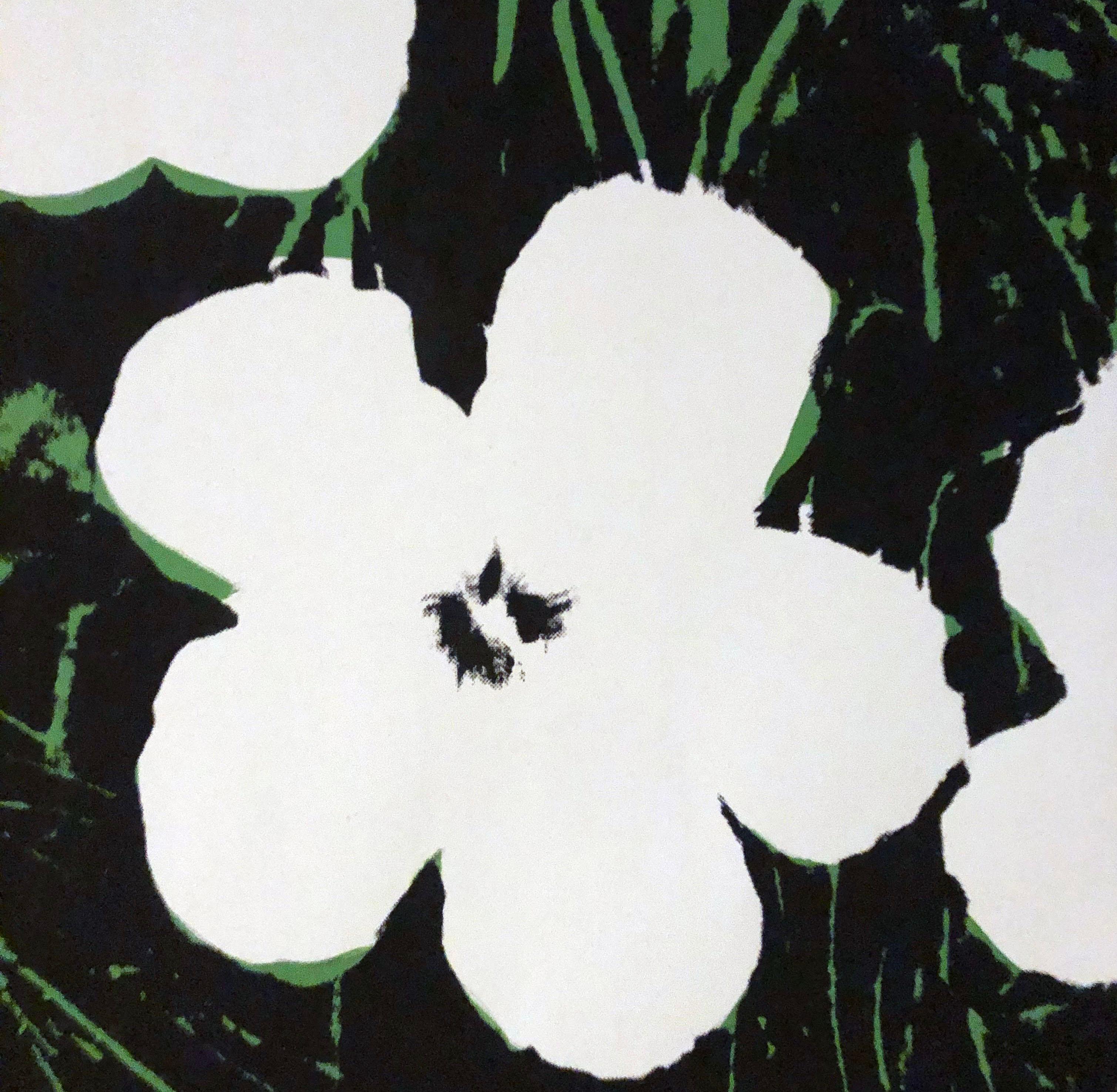 Denied Andy Warhol Flowers White/Green linen Painting by Charles Lutz For Sale 1
