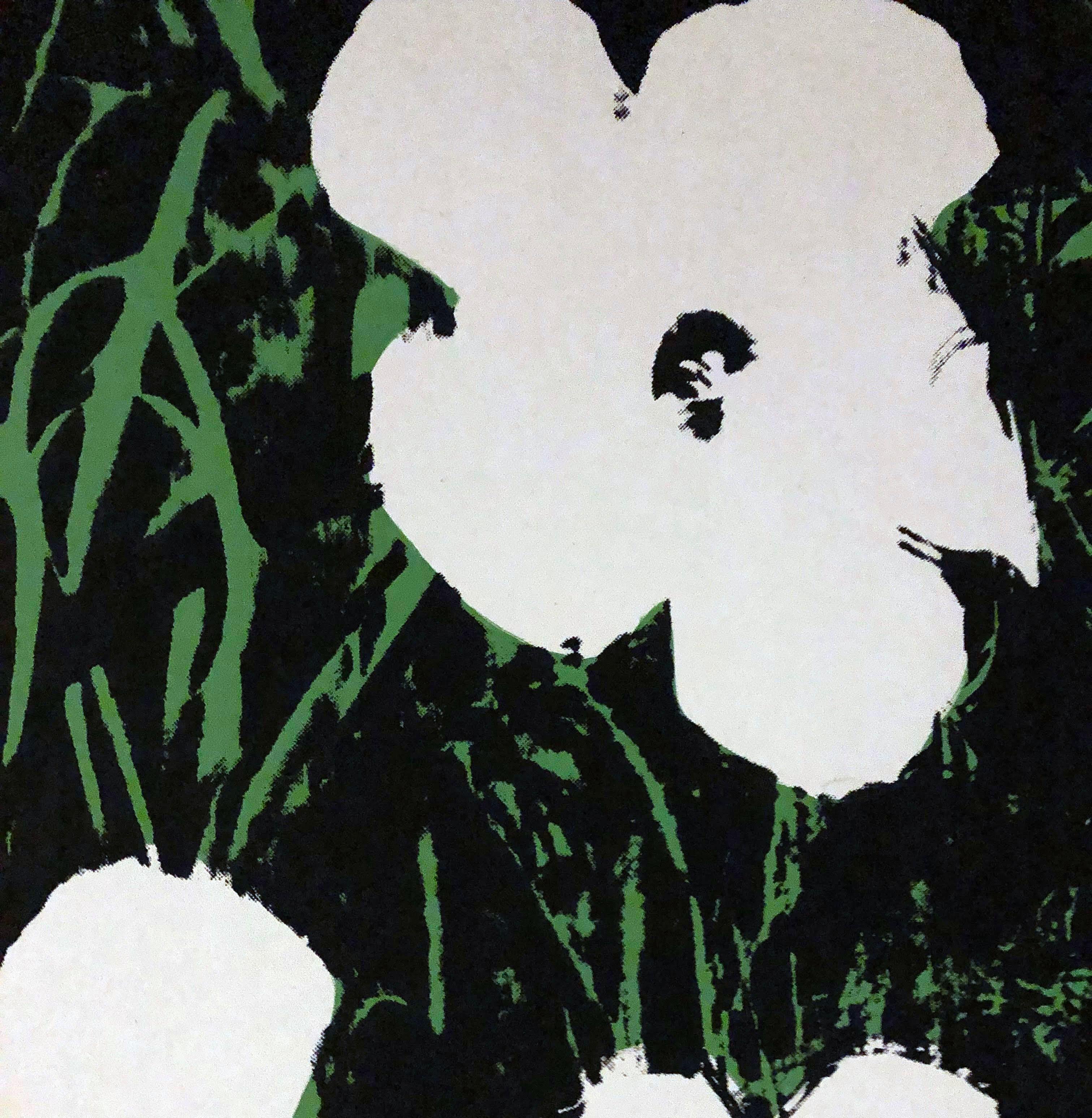 Denied Andy Warhol Flowers White/Green linen Painting by Charles Lutz For Sale 2