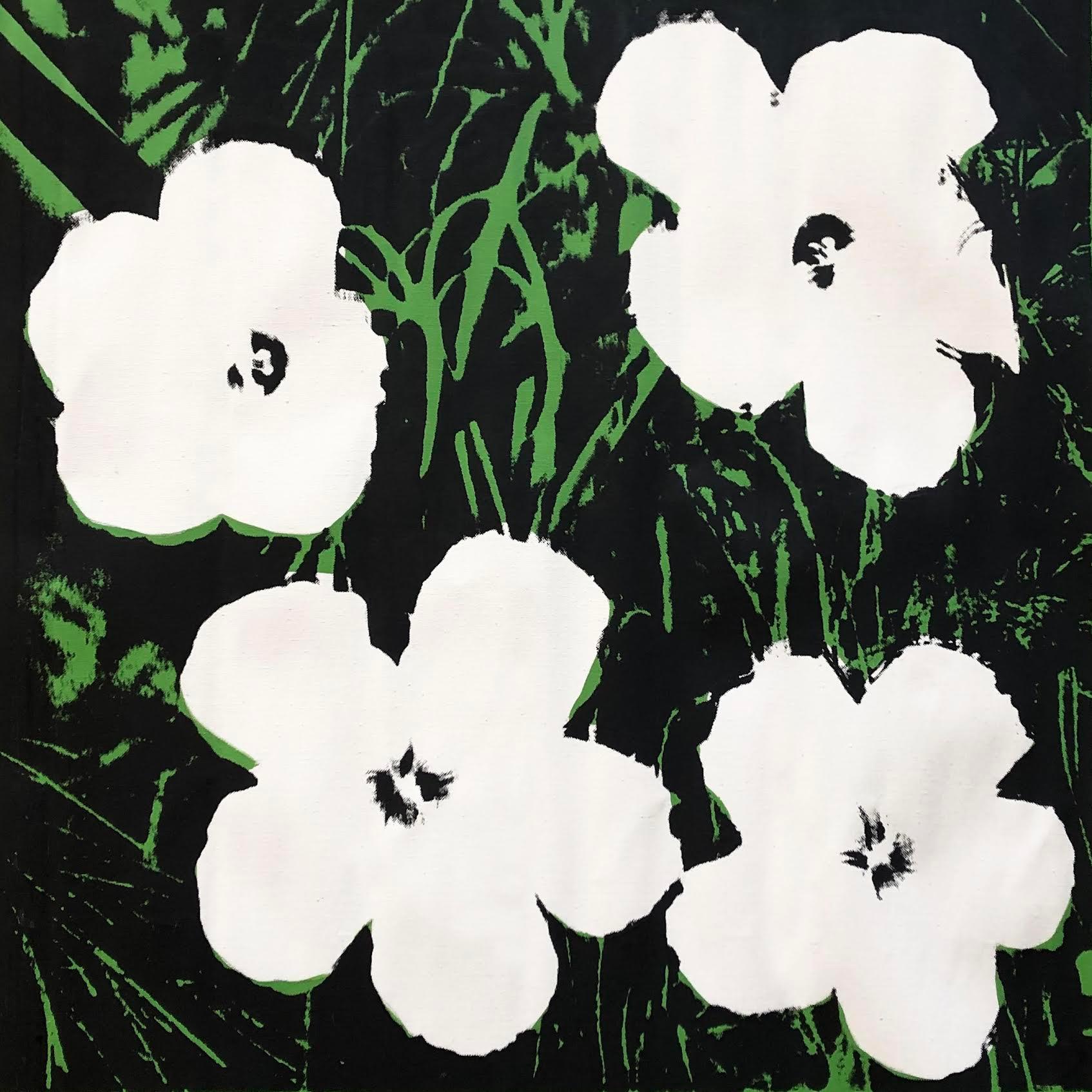 Denied Warhol Flowers, (White & Green) Silkscreen Linen Painting by Charles Lutz
Silkscreen and acrylic on linen with Denied stamp of the Andy Warhol Art Authentication Board. 
24 x 24" inches 
2008

Lutz's 2007 ''Warhol Denied'' series gained him