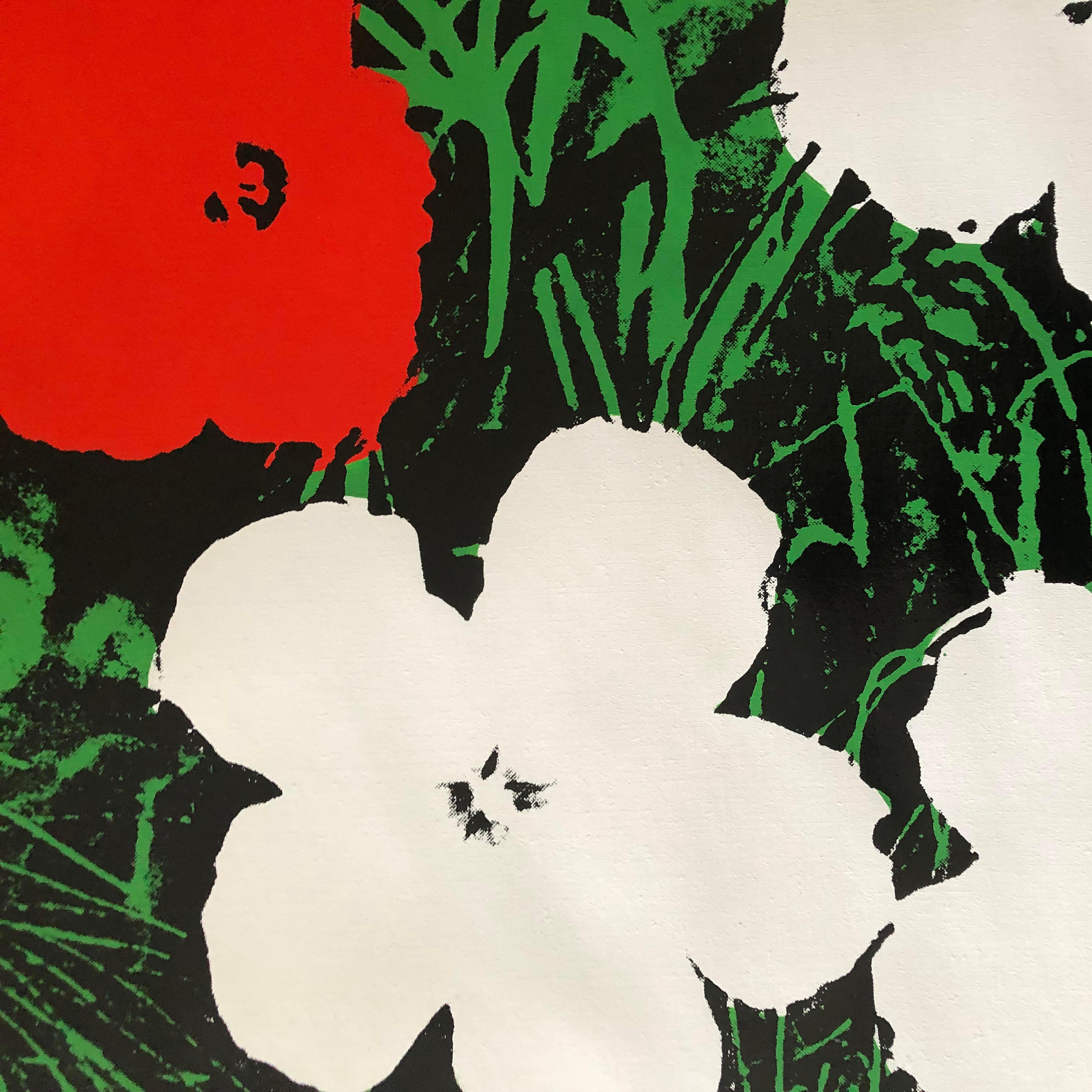 Denied Andy Warhol Blumen Weißes/rotes Siebdruck-Leinengemälde von Charles Lutz im Angebot 2