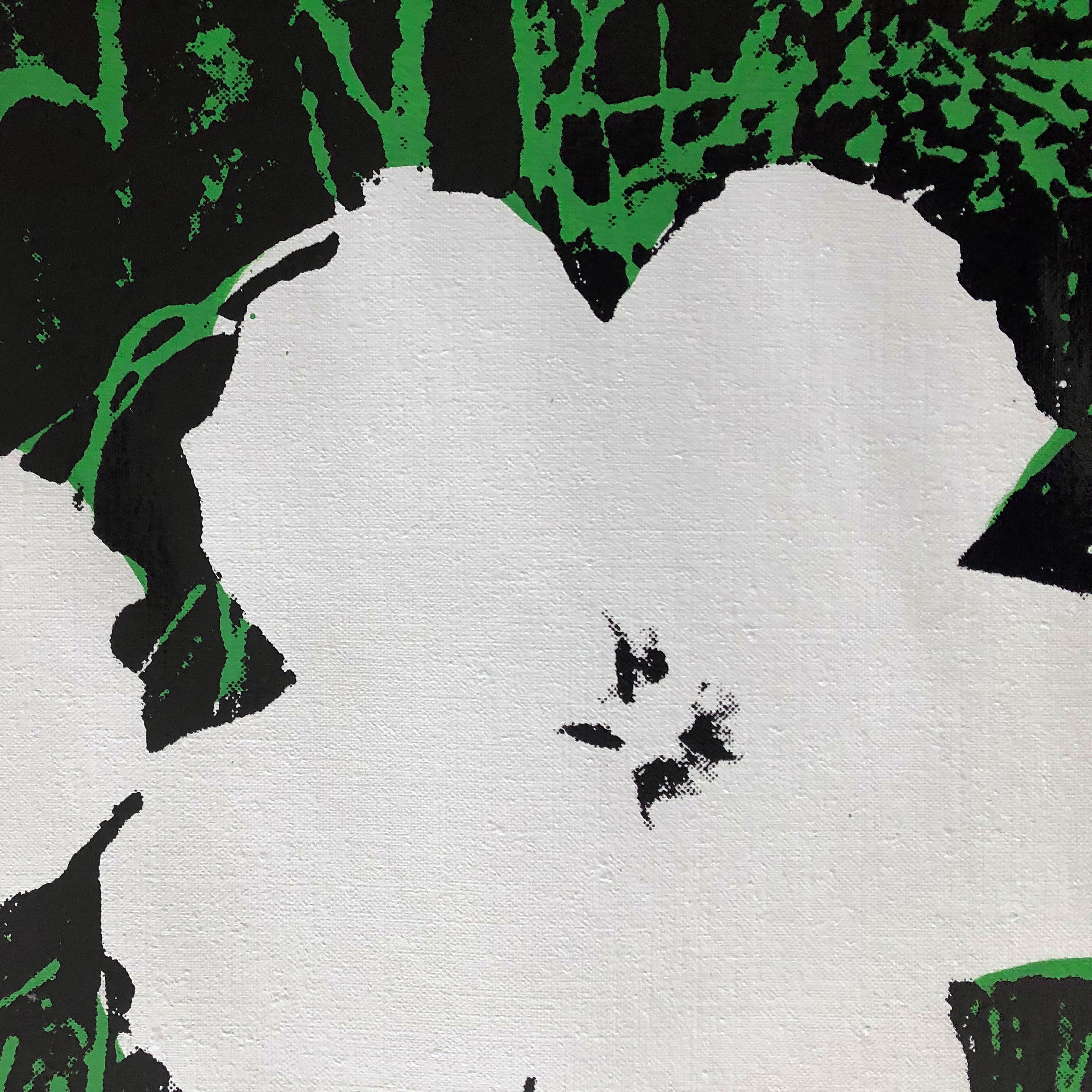 Denied Andy Warhol Blumen Weißes/rotes Siebdruck-Leinengemälde von Charles Lutz im Angebot 3