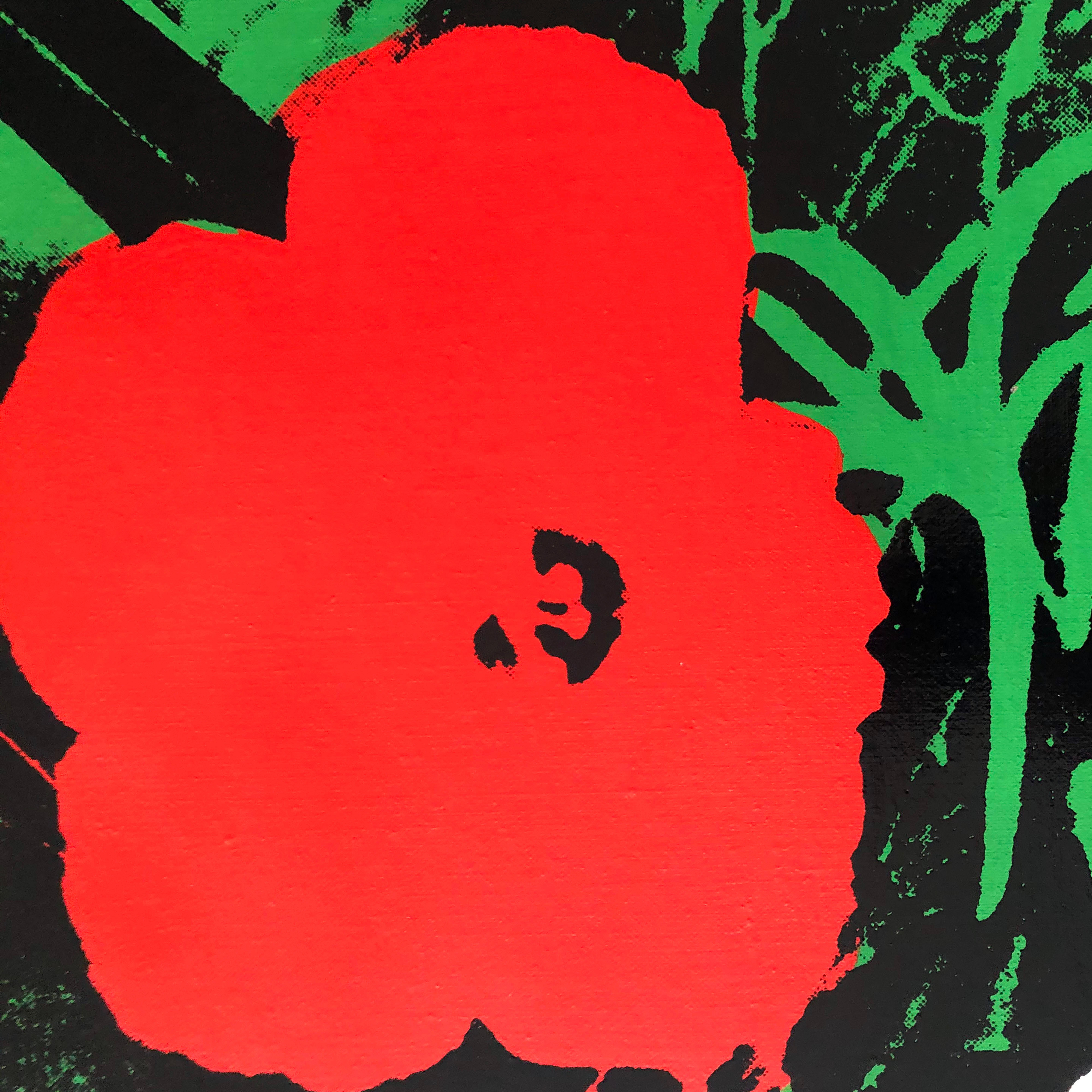 Denied Andy Warhol Blumen Weißes/rotes Siebdruck-Leinengemälde von Charles Lutz im Angebot 4