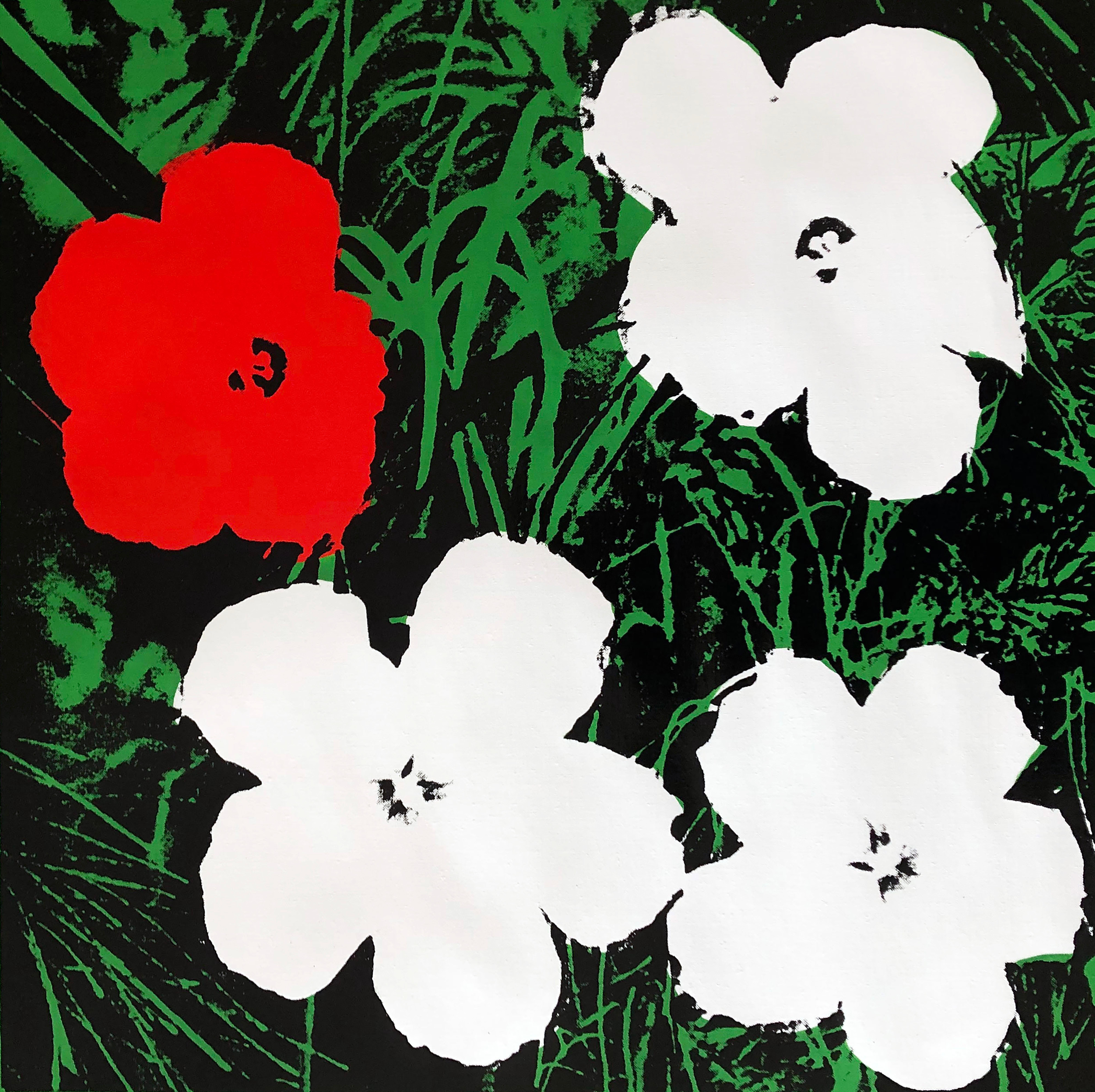 Verweigerte Warhol-Blumen, (Weiß & Rot) Siebdruck Leinengemälde von Charles Lutz
Siebdruck und Acryl auf Leinen mit Verweigerungsstempel des Andy Warhol Art Authentication Board. 
24 x 24" Zoll 
2008

Lutz' Serie "Warhol Denied" aus dem Jahr 2007