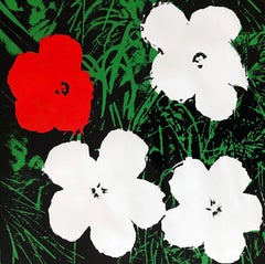 Denied Andy Warhol Flowers White/ Red Silkscreen linen Painting by Charles Lutz