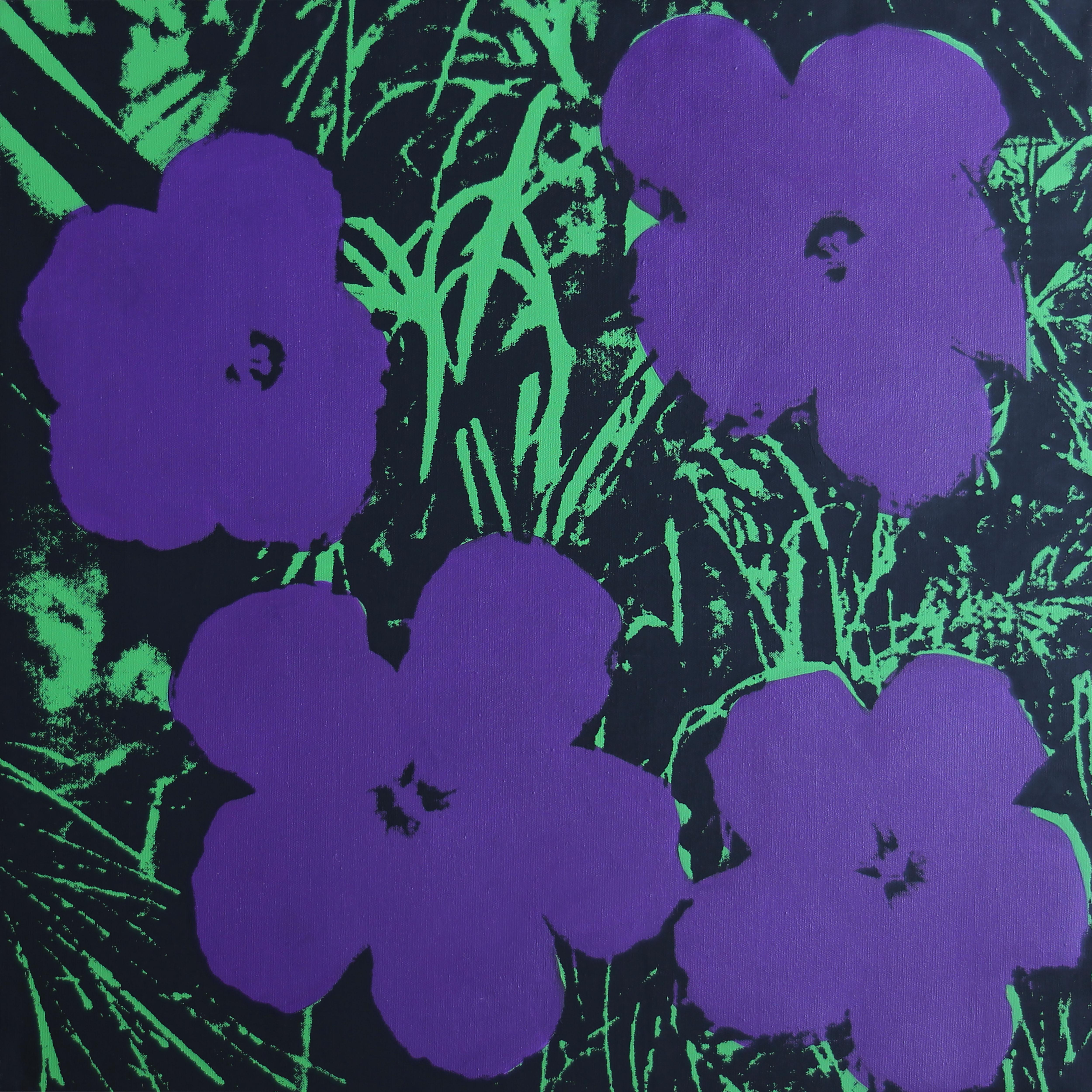 Denied Andy Warhol Blumen (Violet / Lila) Gemälde von Charles Lutz im Angebot 3