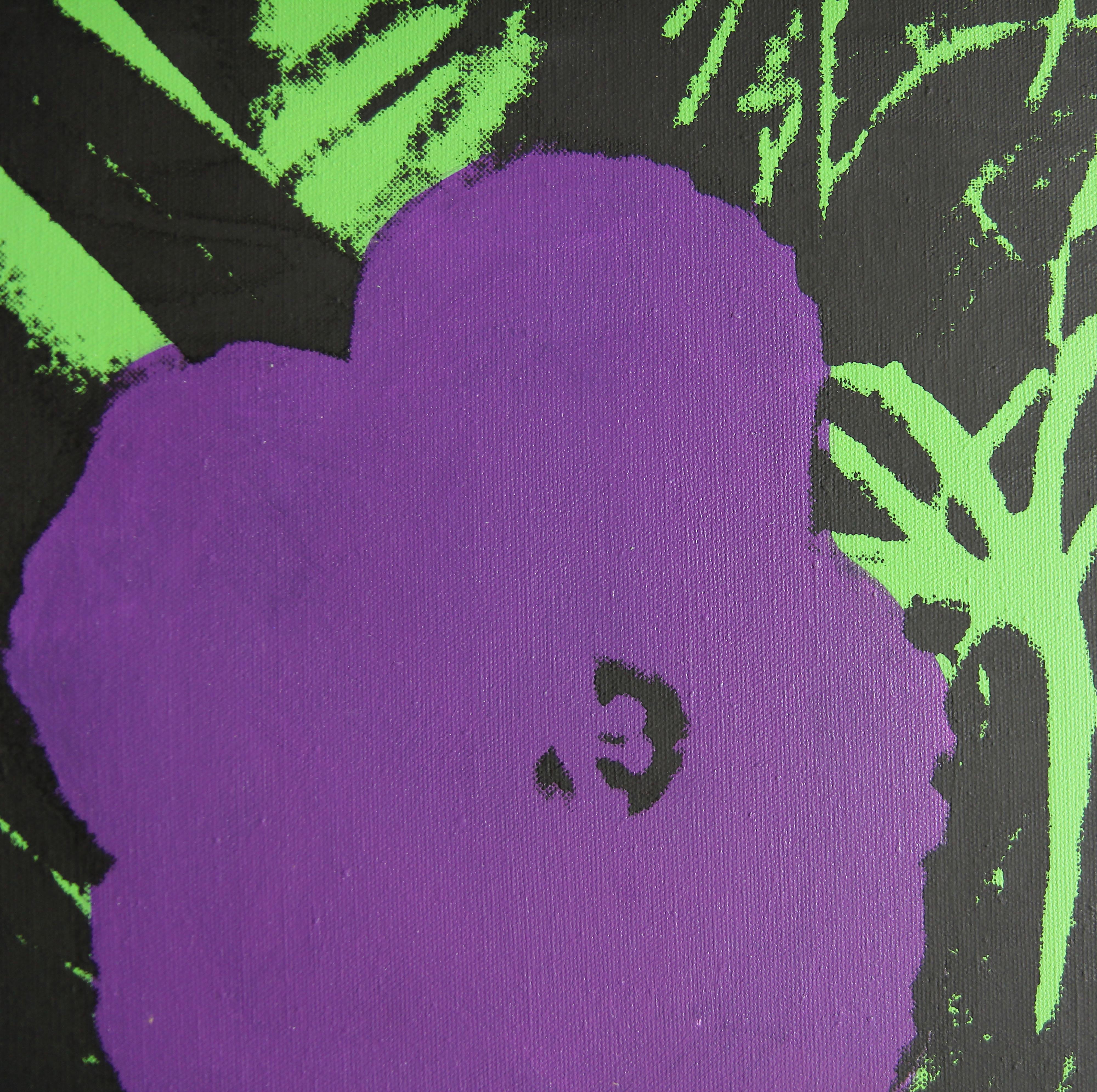 Denied Andy Warhol Blumen (Violet / Lila) Gemälde von Charles Lutz im Angebot 4