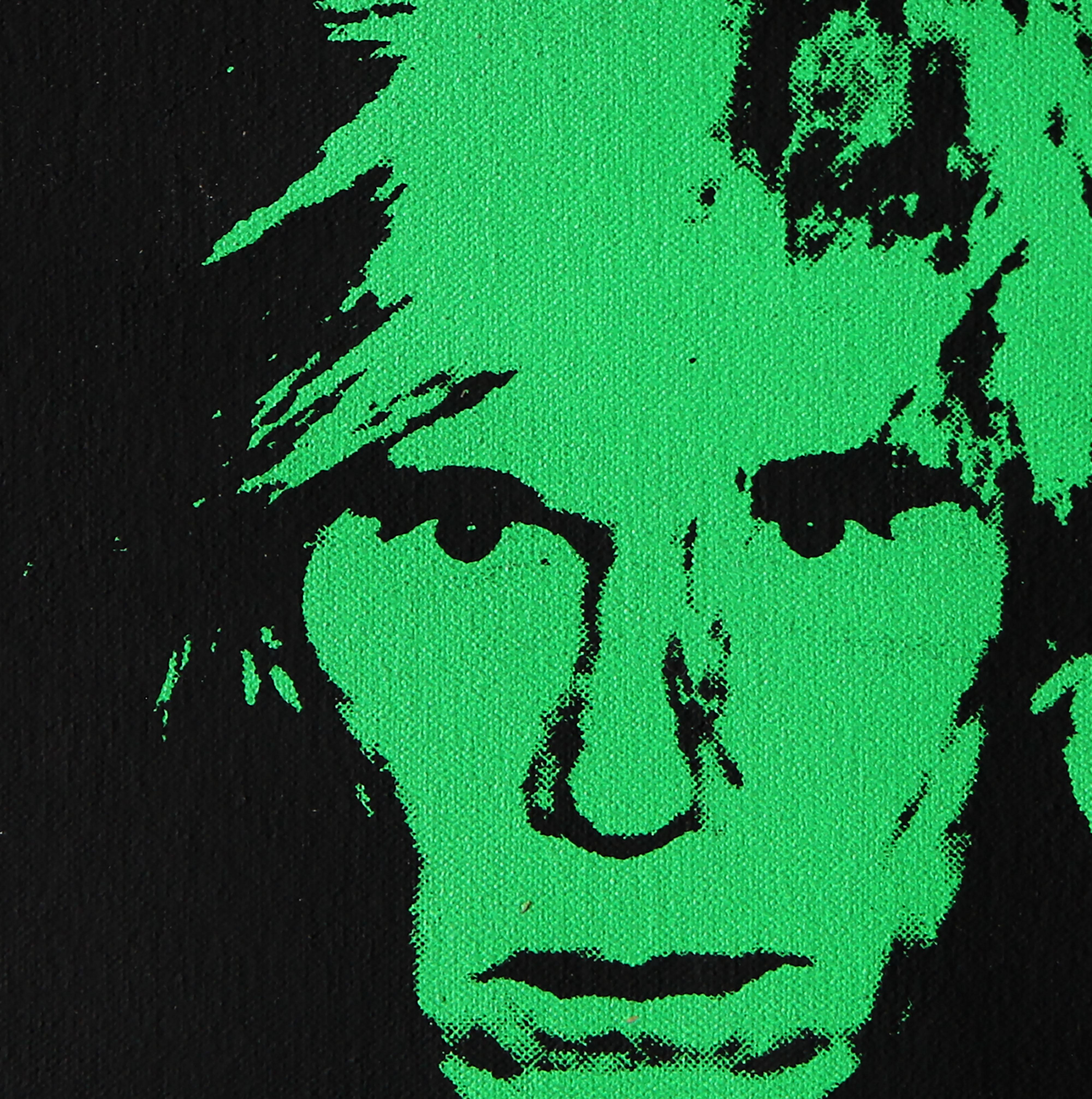 Denied Warhol Green Self Portrait Fright Wig Painting by Charles Lutz
Silkscreen and acrylic on linen with Denied stamp of the Andy Warhol Art Authentication Board.
12 x 12