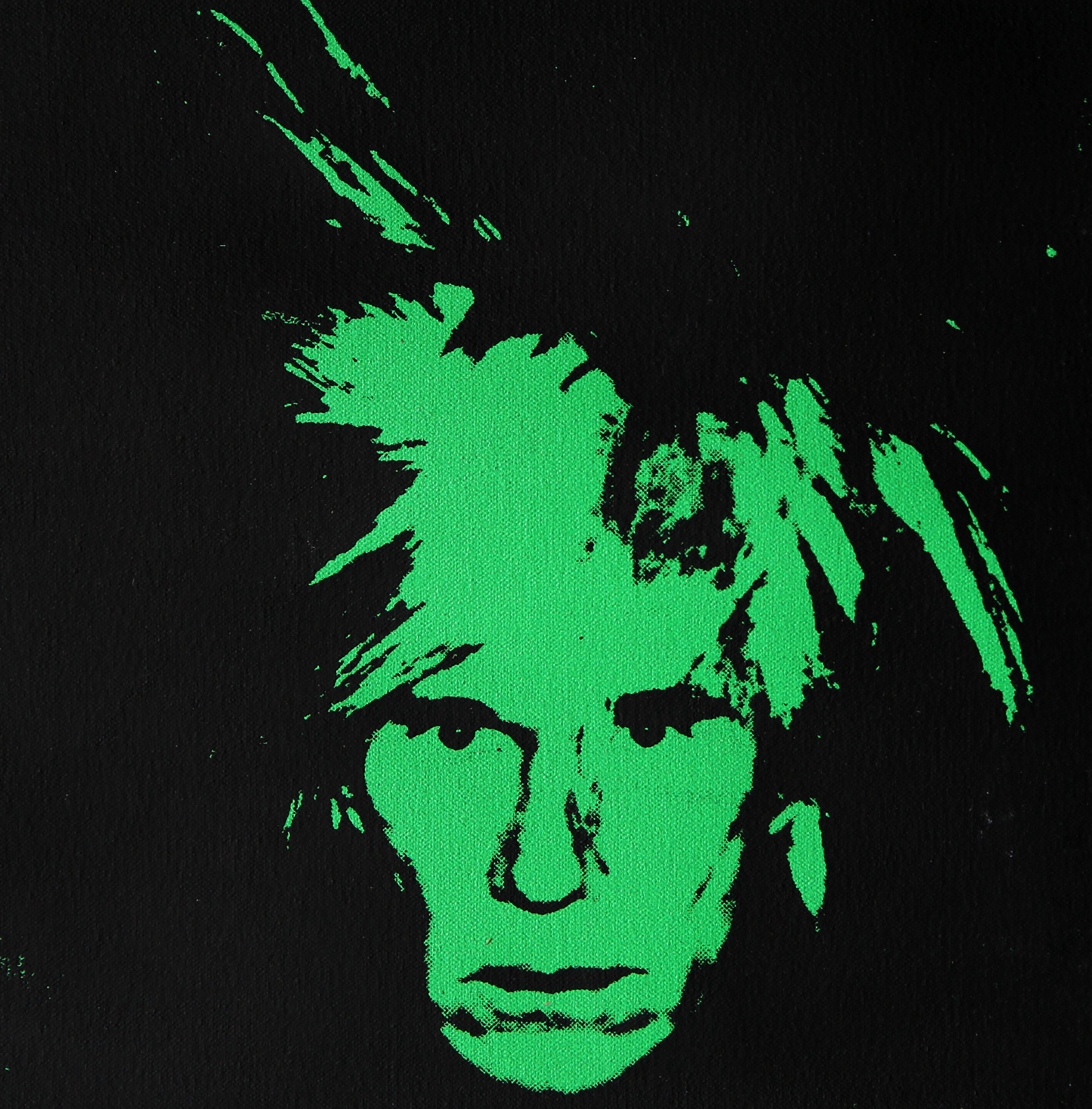 Denied Andy Warhol, „Fright Wig“, Selbstporträt, Grün, Gemälde von Charles Lutz