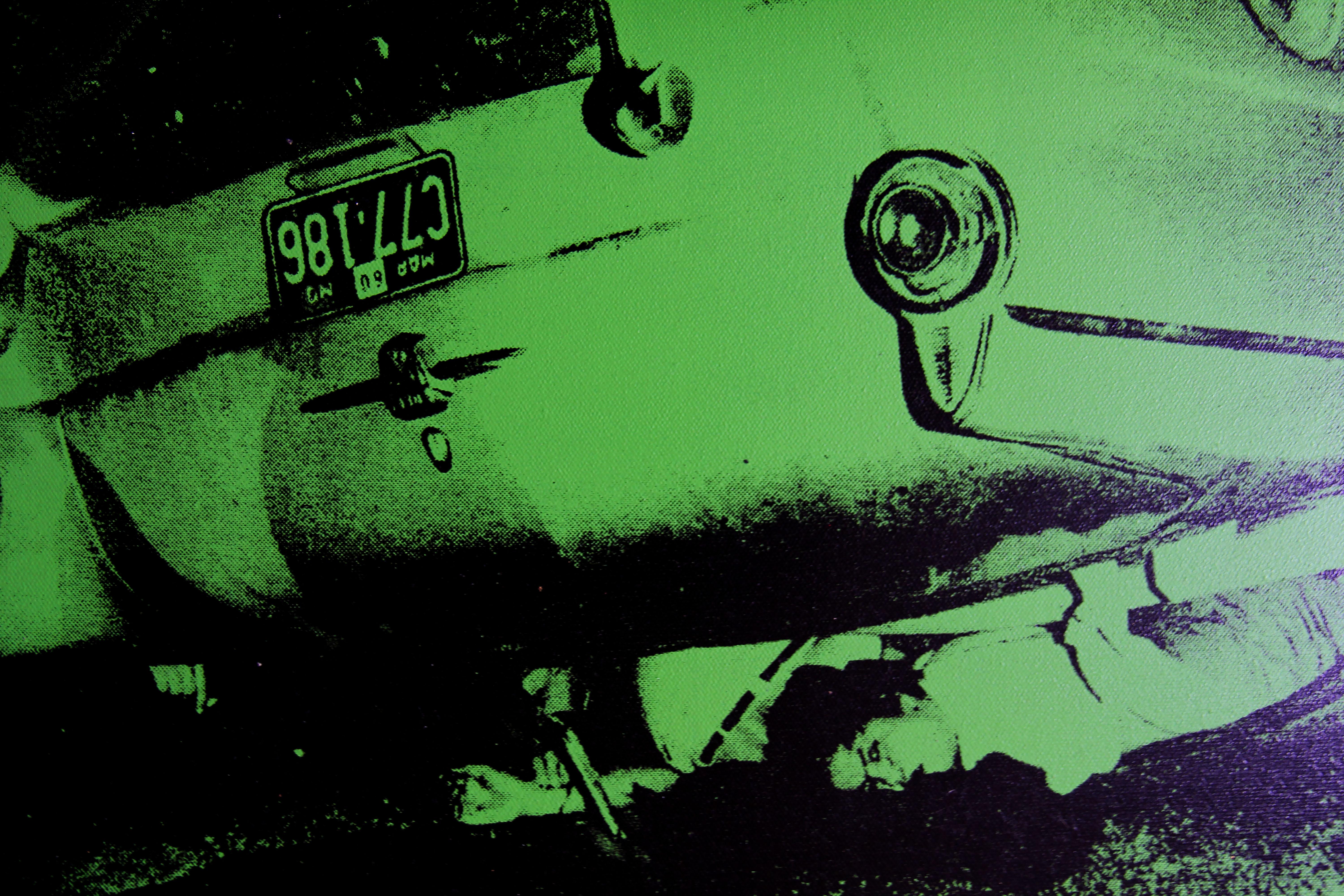 Denied Andy Warhol Grünes disaster Car Crash Siebdruckgemälde von Charles Lutz im Angebot 2
