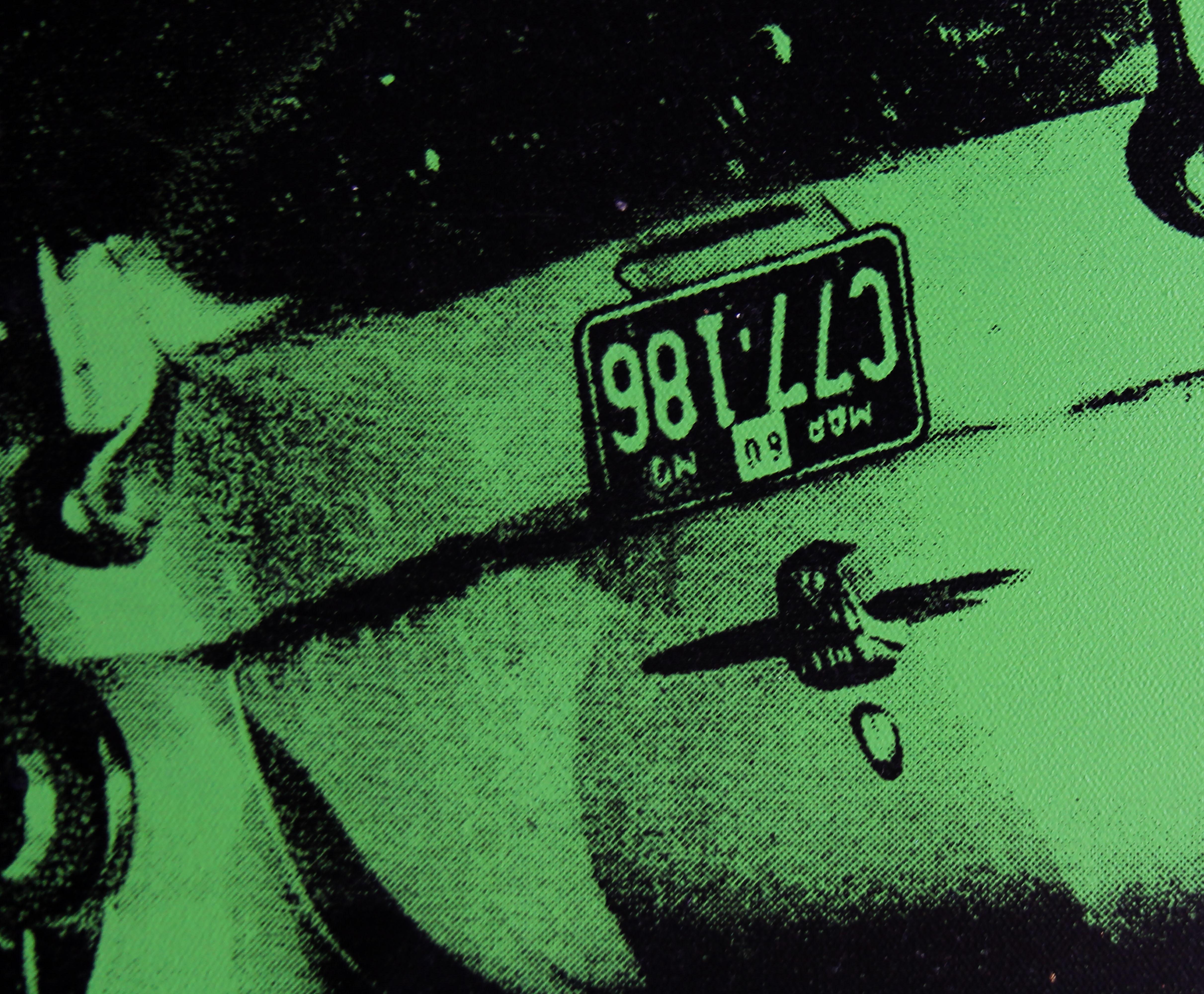 Denied Andy Warhol Grünes disaster Car Crash Siebdruckgemälde von Charles Lutz im Angebot 3