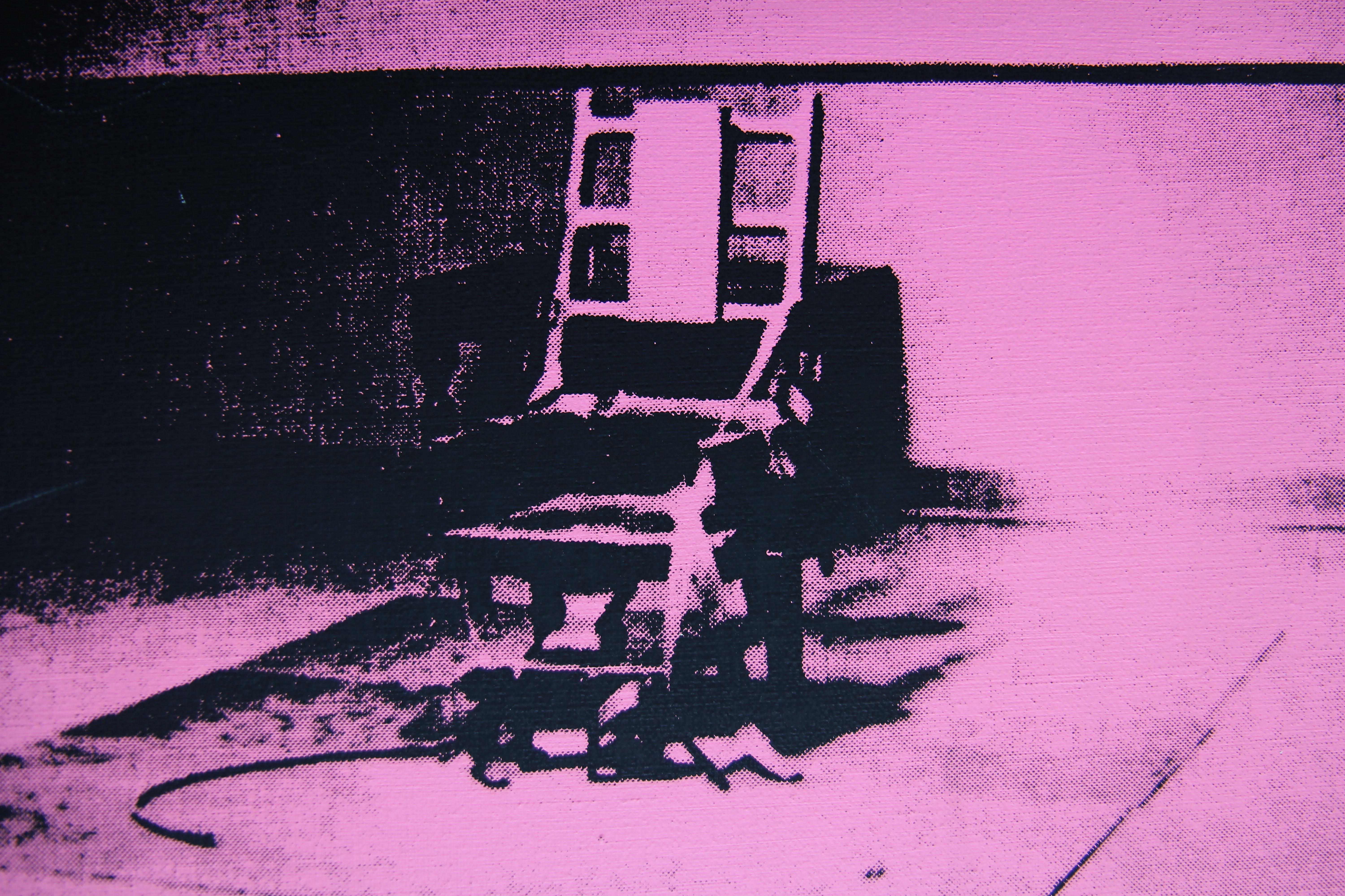 Verweigerte Warhol Rosa elektrischer Stuhl Gemälde von Charles Lutz
Siebdruck und Acryl auf Leinen mit dem Stempel 