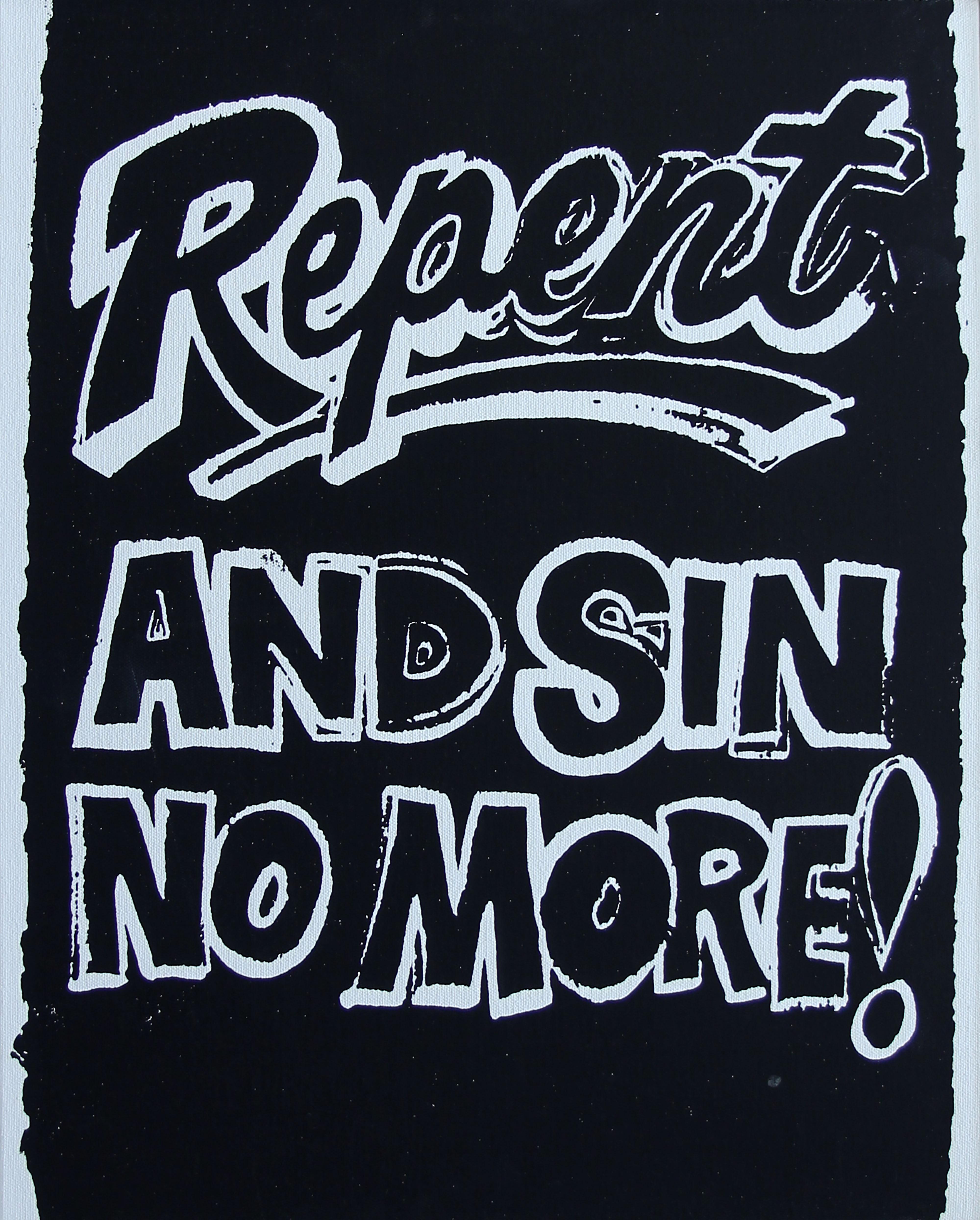 Denied Andy Warhol Repent & Sin No More Black and White Painting by Charles Lutz For Sale 1