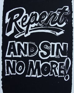 Denied Andy Warhol: „Repent & Sin No More“, schwarzes und weißes Gemälde von Charles Lutz