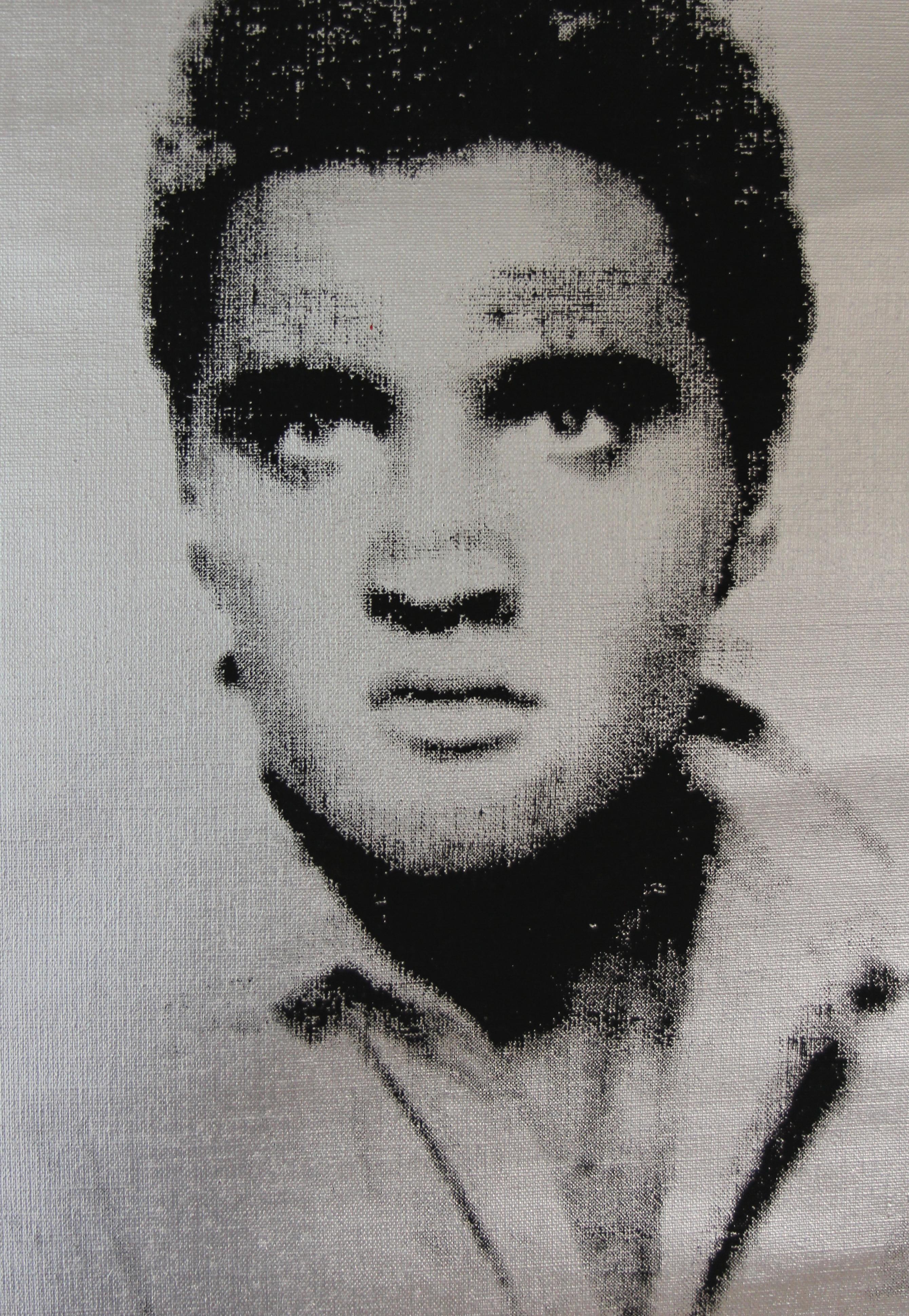 Elvis, Metallic Silver and Black Full Length Silkscreen Painting by Charles Lutz
Silkscreen and silver enamel painted on vintage 1960's era linen with Artist's Denied stamp of the Andy Warhol Art Authentication Board.
82