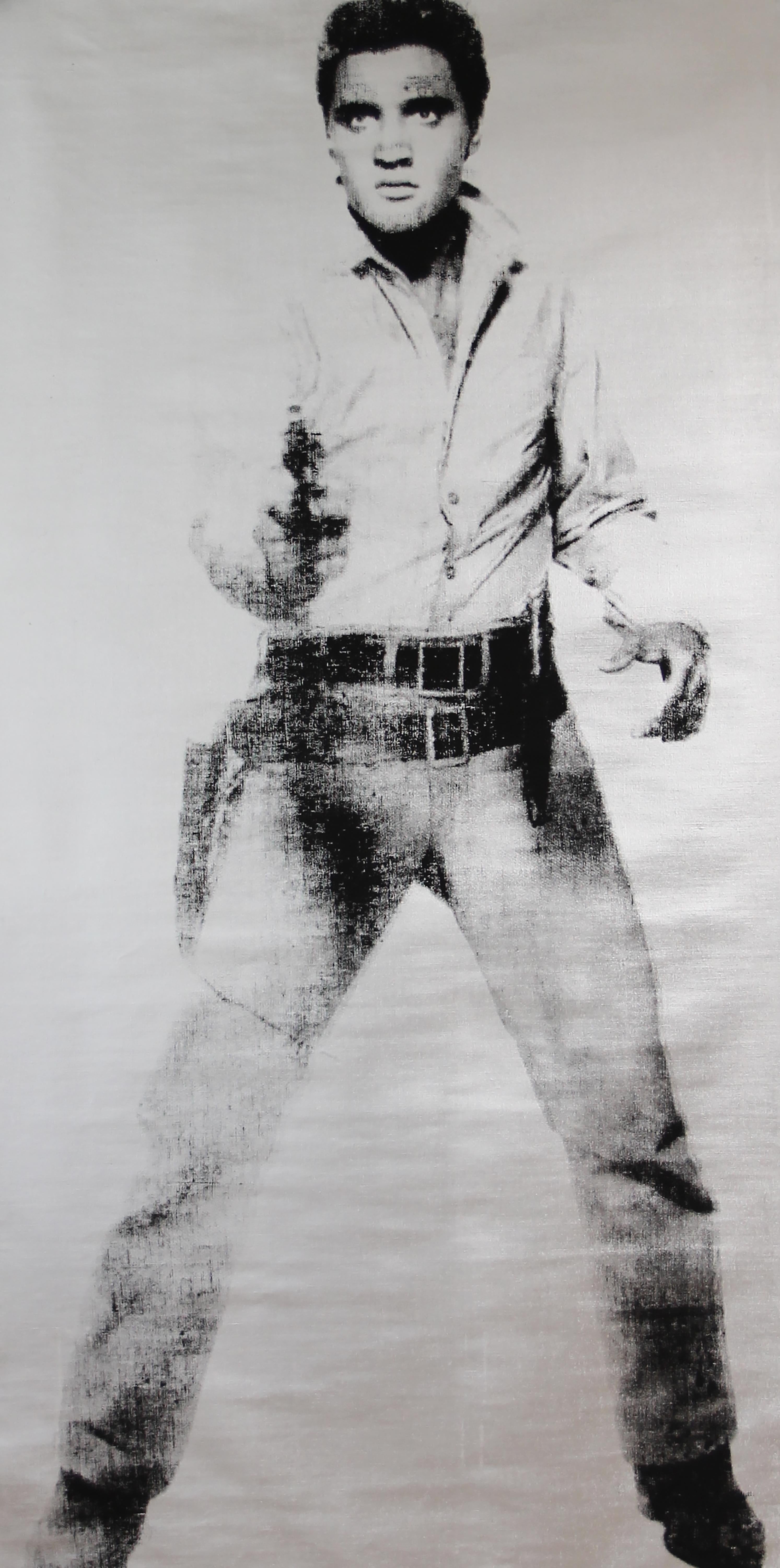 "Elvis", Denied Andy Warhol Silver & Black Pop Art Painting by Charles Lutz