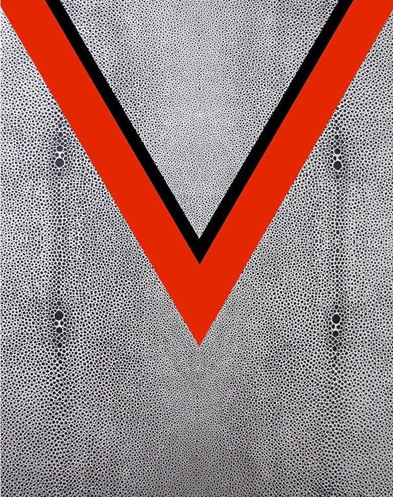 V (Red/Silver Shagreen)
Acrylic and aluminum dispersion on canvas. 
32 x 40"
2018

V is an iconic example of Lutz's Volatility Series, a grouping of paintings and sculptures which focus not only on the volatility of the stock market, but in value in