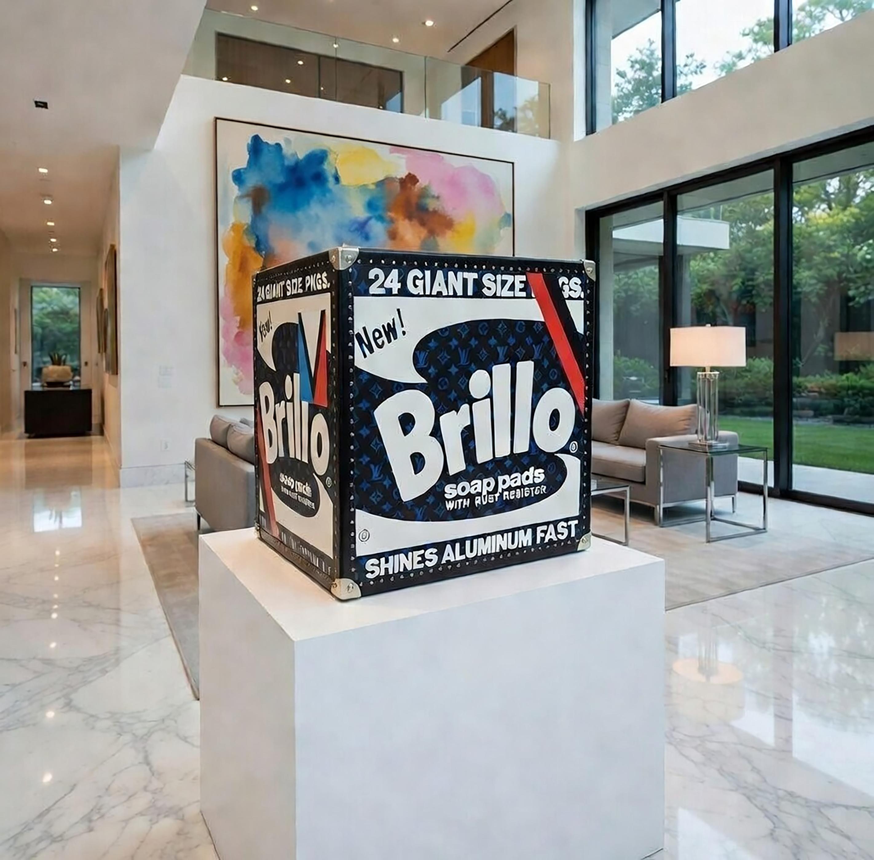 RED BLACK BRILLO
Acrylic on canvas with leather and brass fittings over wood.
17 x 17 x 14" (43.18 x 43.18 x 35.56 cm.)
2019

The sculpture was recently featured in the Elle Decor Art Issue and one of the artist's most iconic works. 
The series Lutz