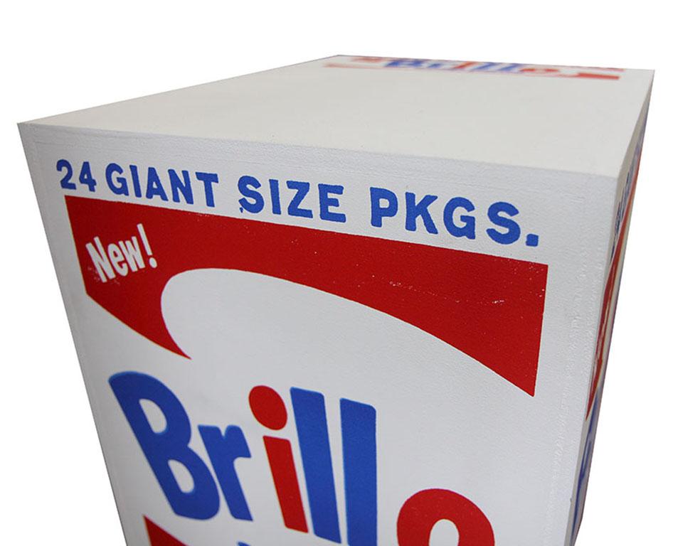 Denied Warhol Brillo Box, Contemporary Pop Art Sculpture by Charles Lutz. 
Silkscreen and latex paint on wood, stamped Denied with the Andy Warhol Art Authentication Board's mark.
17 x 14 x 17