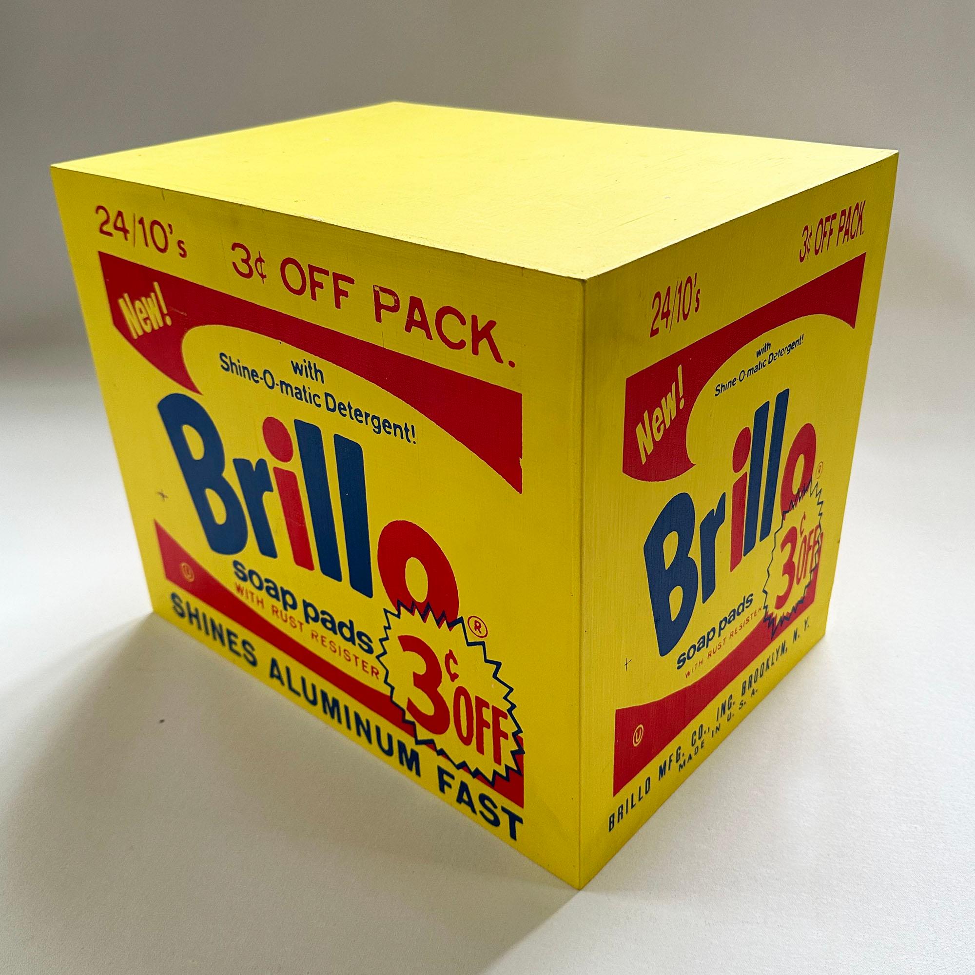 Denied Warhol Brillo Box Yellow, Contemporary Pop Art Sculpture by Charles Lutz For Sale 1