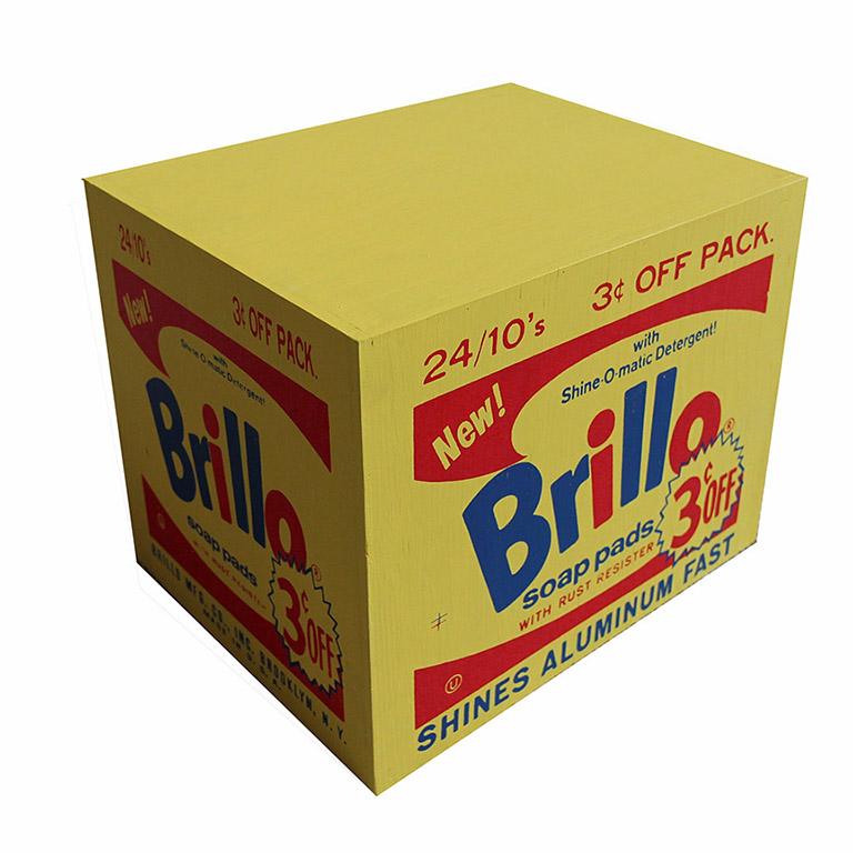 Denied Warhol Brillo Box Gelb, zeitgenössische Pop-Art-Skulptur von Charles Lutz im Angebot 1