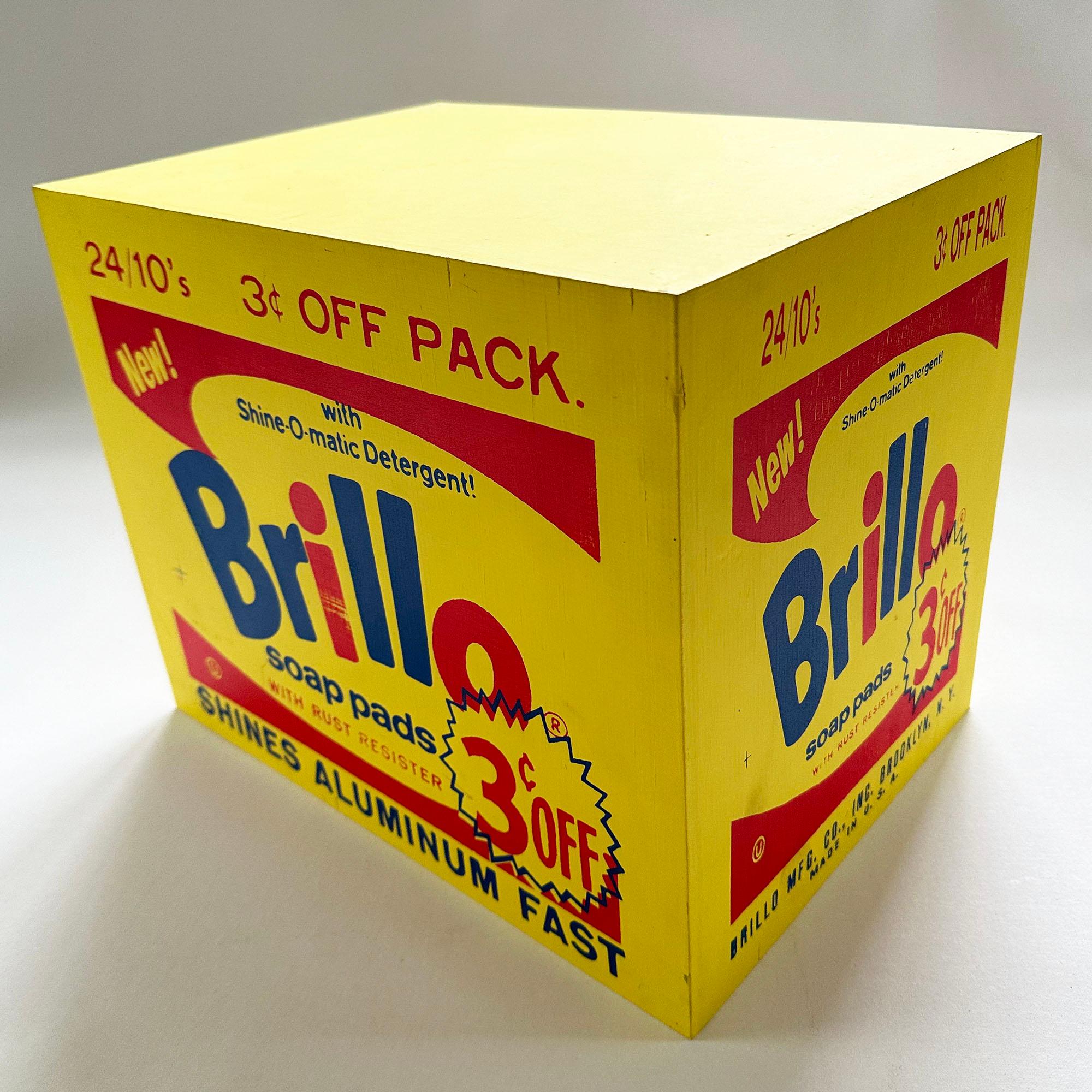 Denied Warhol Brillo Box Yellow, Contemporary Pop Art Sculpture by Charles Lutz For Sale 3