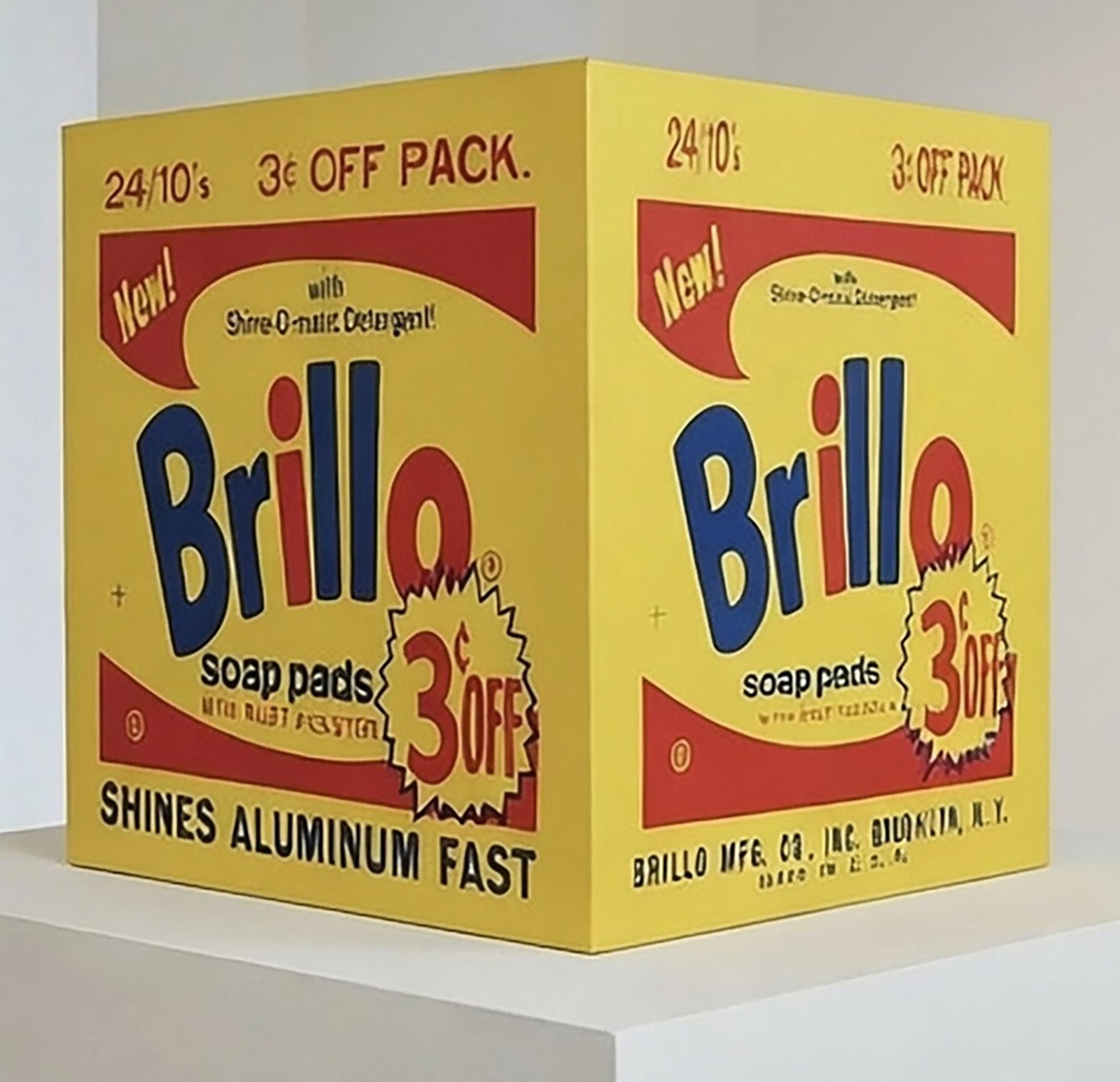 Denied Warhol Brillo Box Yellow, Contemporary Pop Art Sculpture by Charles Lutz