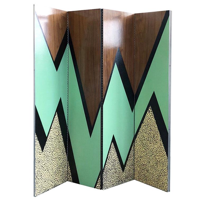 Volatility Screen, Contemporary Art Room Divider Walnut with Black, Teal, Ivory  - Sculpture by Charles Lutz