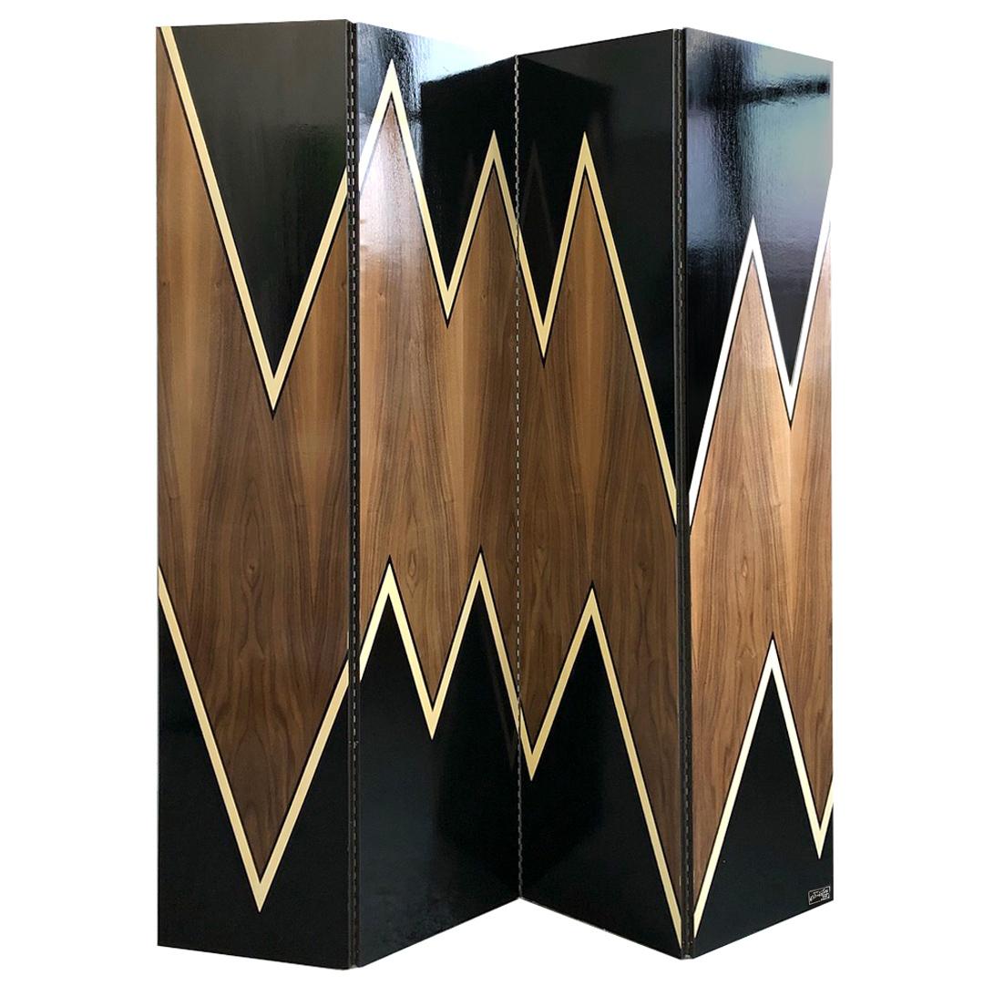 Biombo Volatility, separador de ambientes de arte contemporáneo Nogal con negro, verde azulado, marfil - Sculpture Contemporáneo de Charles Lutz