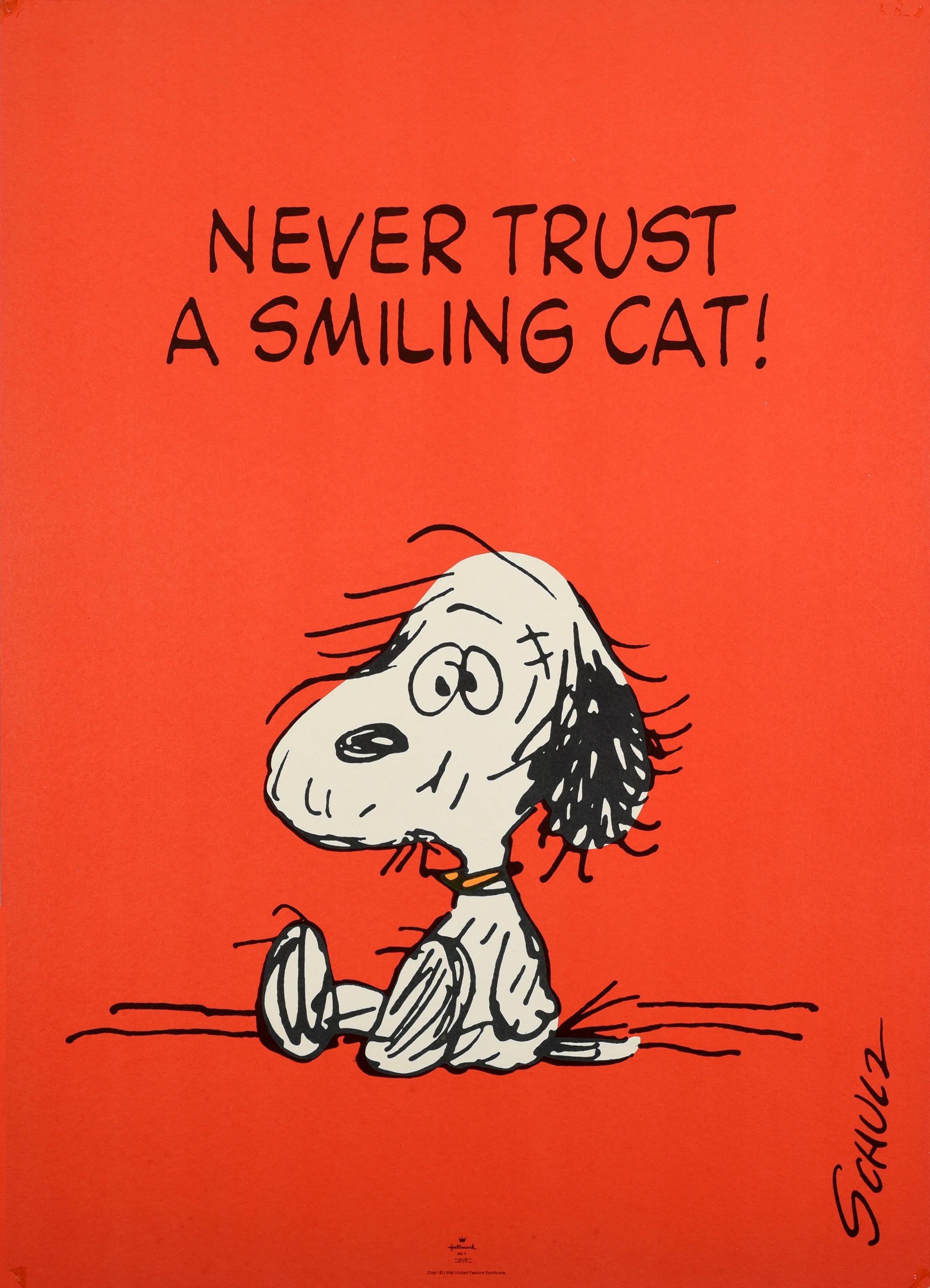 Charles M. Schulz Print - Original Vintage Poster Never Trust A Smiling Cat Snoopy Dog Quote Cartoon Art