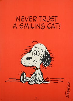 Original Vintage Poster Never Trust A Smiling Cat Snoopy Dog Quote Cartoon Art