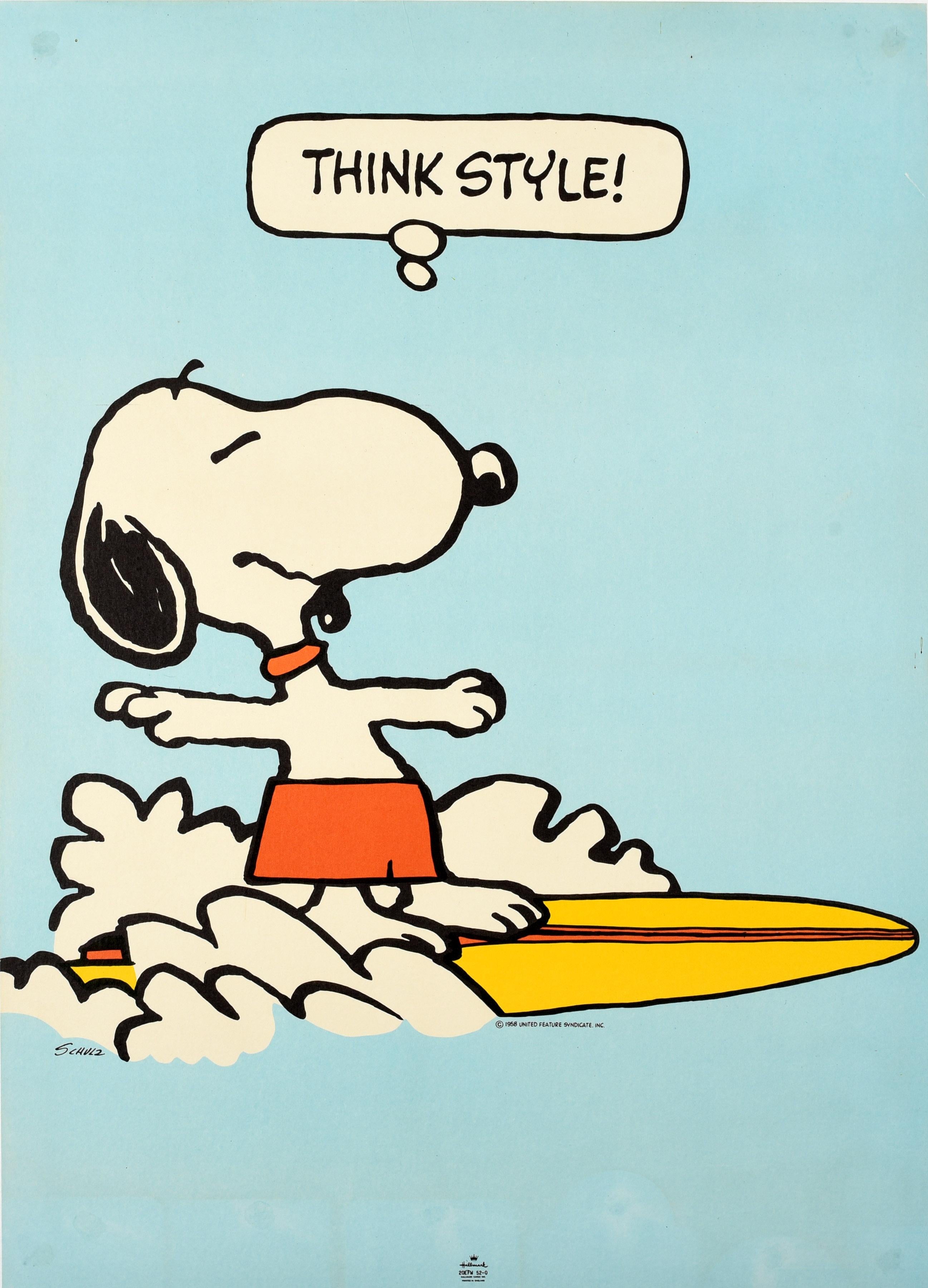 Charles M. Schulz Print - Original Vintage Poster Snoopy Think Style Comic Dog Fun Surfer Cartoon Artwork