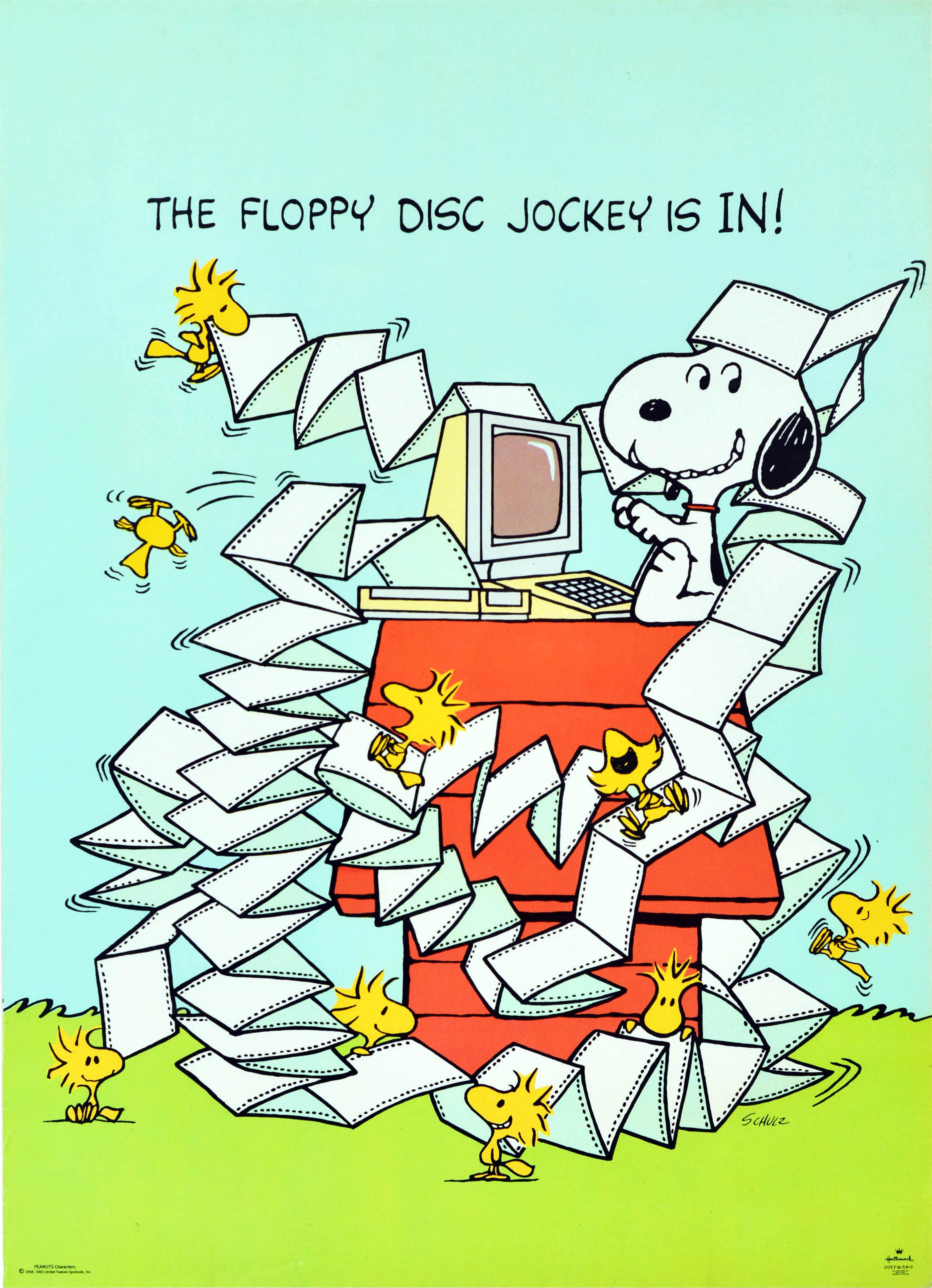 Charles M. Schulz Print - Original Vintage Snoopy Poster The Floppy Disc Jockey Is In! Woodstock Computer