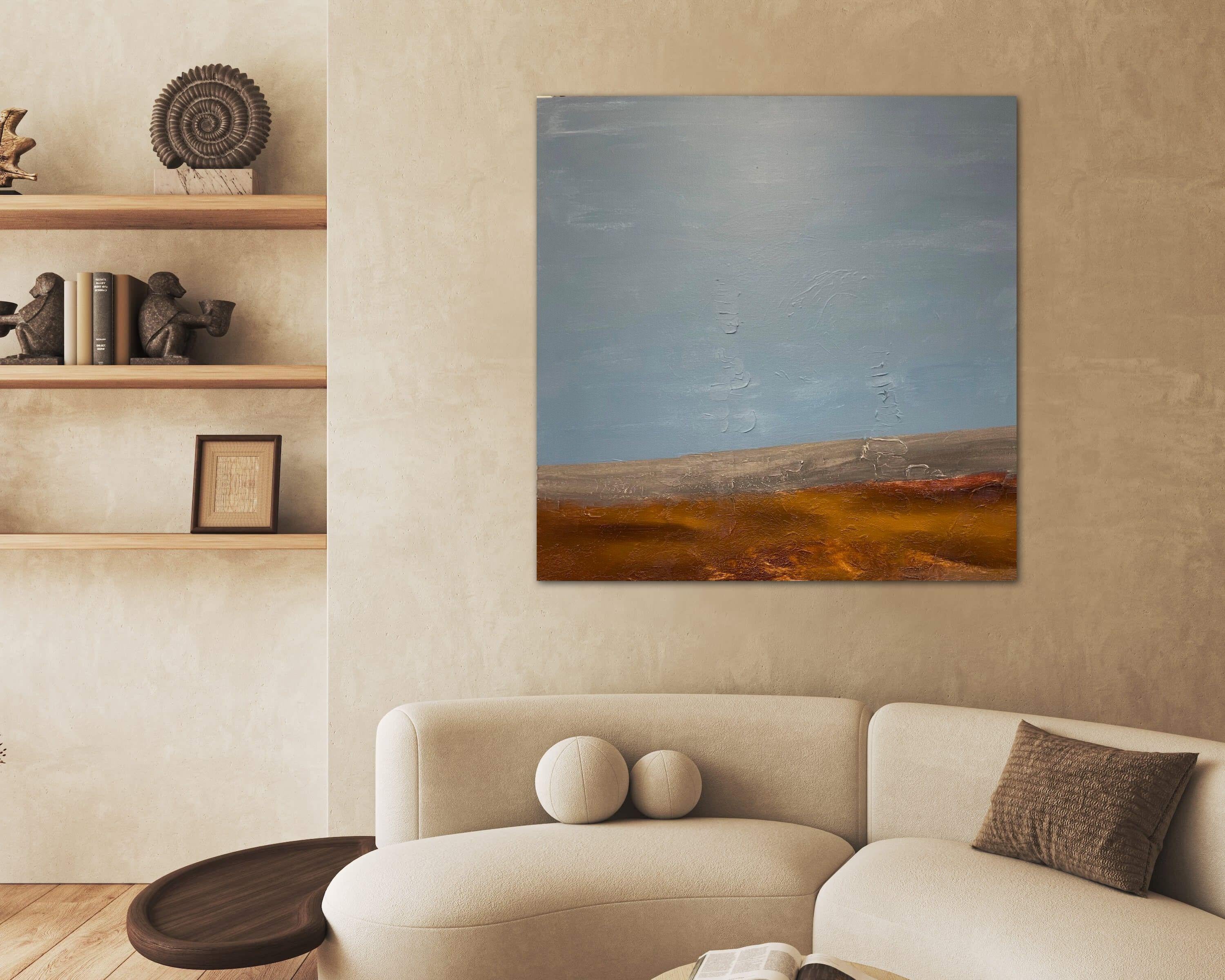 This painting has calm colors and atmosphere. It reminds me of a landscape with its light blues, browns and textures.    Gallery Wrapped professional high grade Stretched Canvas â€¢ High grade acrylic paints and medium is used and the sides of the
