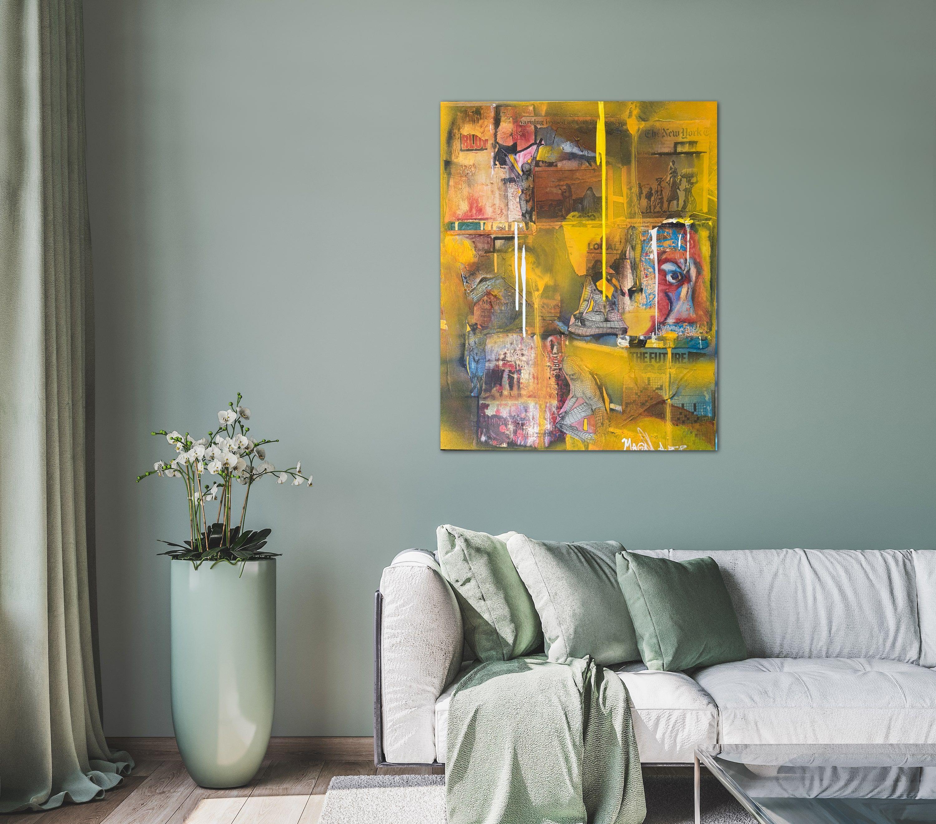 Mixed media collage.  I use cut up old paintings of my own, and other papers-including newsprint, magazines, ect..  Depicts the image of a face looking at the different aspects of life.  Life is a voyage....     Gallery Wrapped professional high