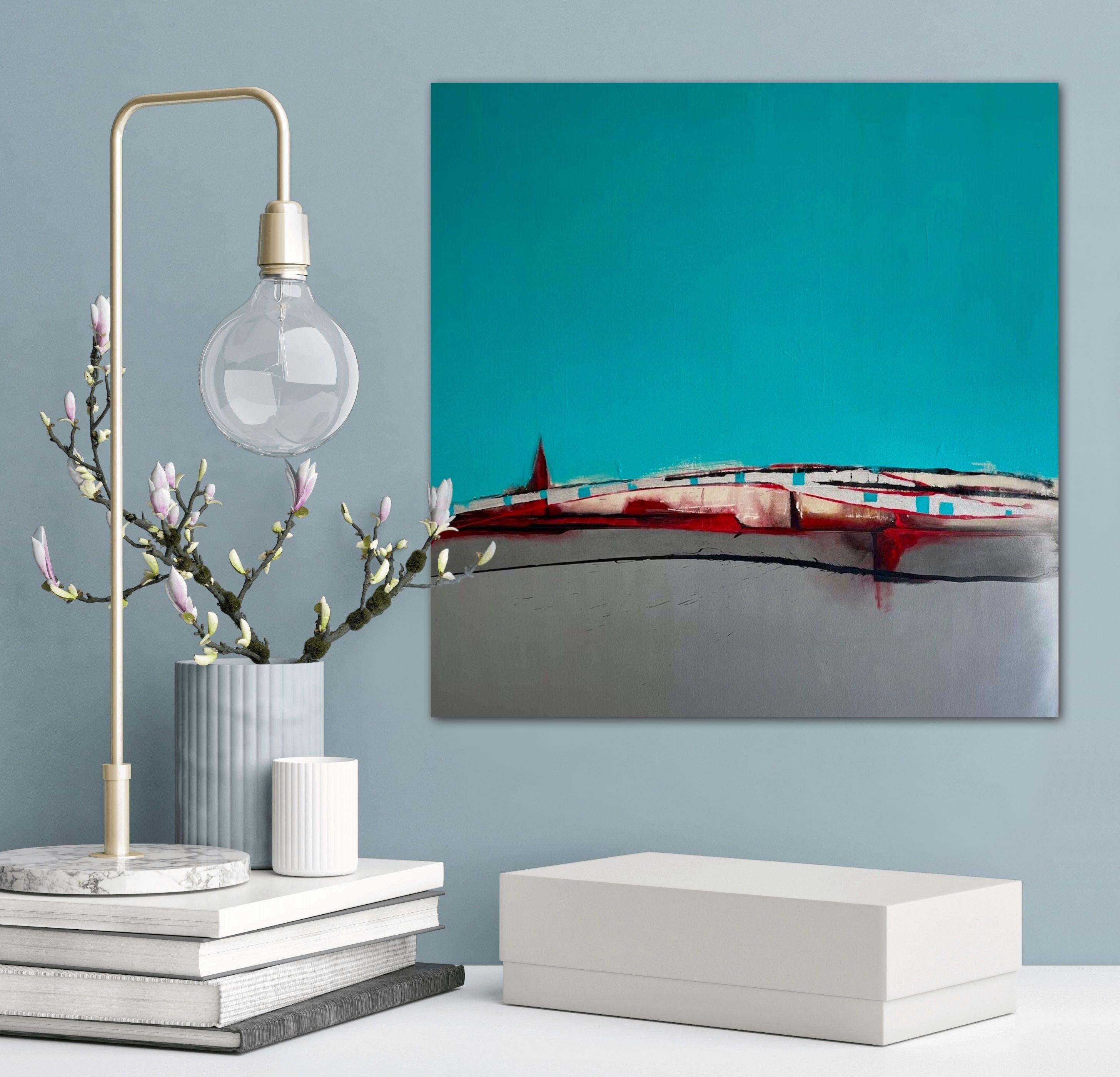 Zu dem Bild Turquoise Trail wurde ich bei einem Besuch im Bundesstaat New Mexico inspiriert.  Der südwestliche Staat war so lebendig und bunt.    Ich habe durchgehend Acrylfarbe verwendet und mit Blattsilber verschönert, was dem Ganzen einen