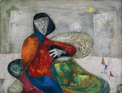 Woman in Surrealist Landscape, 20th century vibrant oil painting