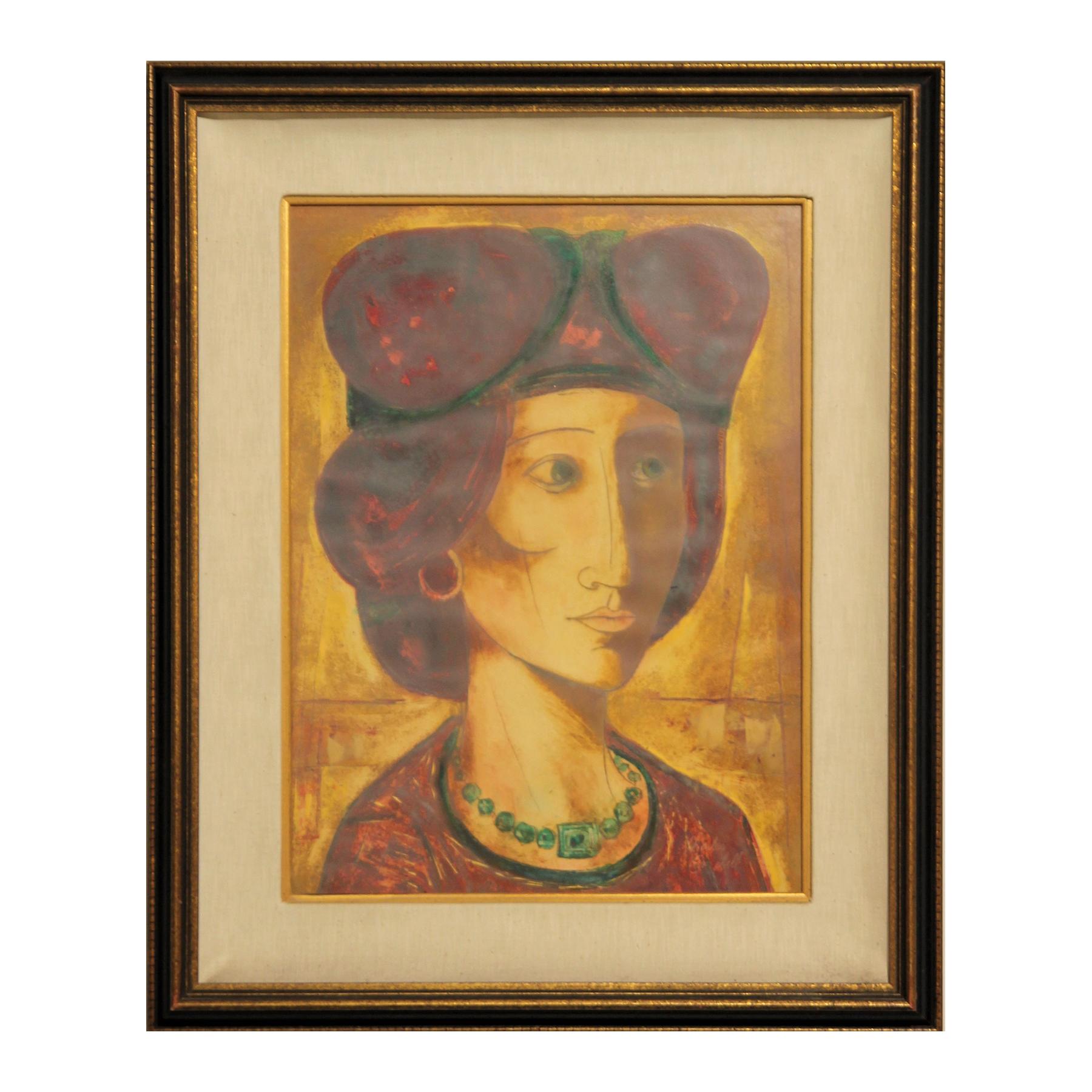 Charles Malcom Campbell Portrait Painting - Modern Abstract Figurative Portrait of a Woman in a Maroon Turban 