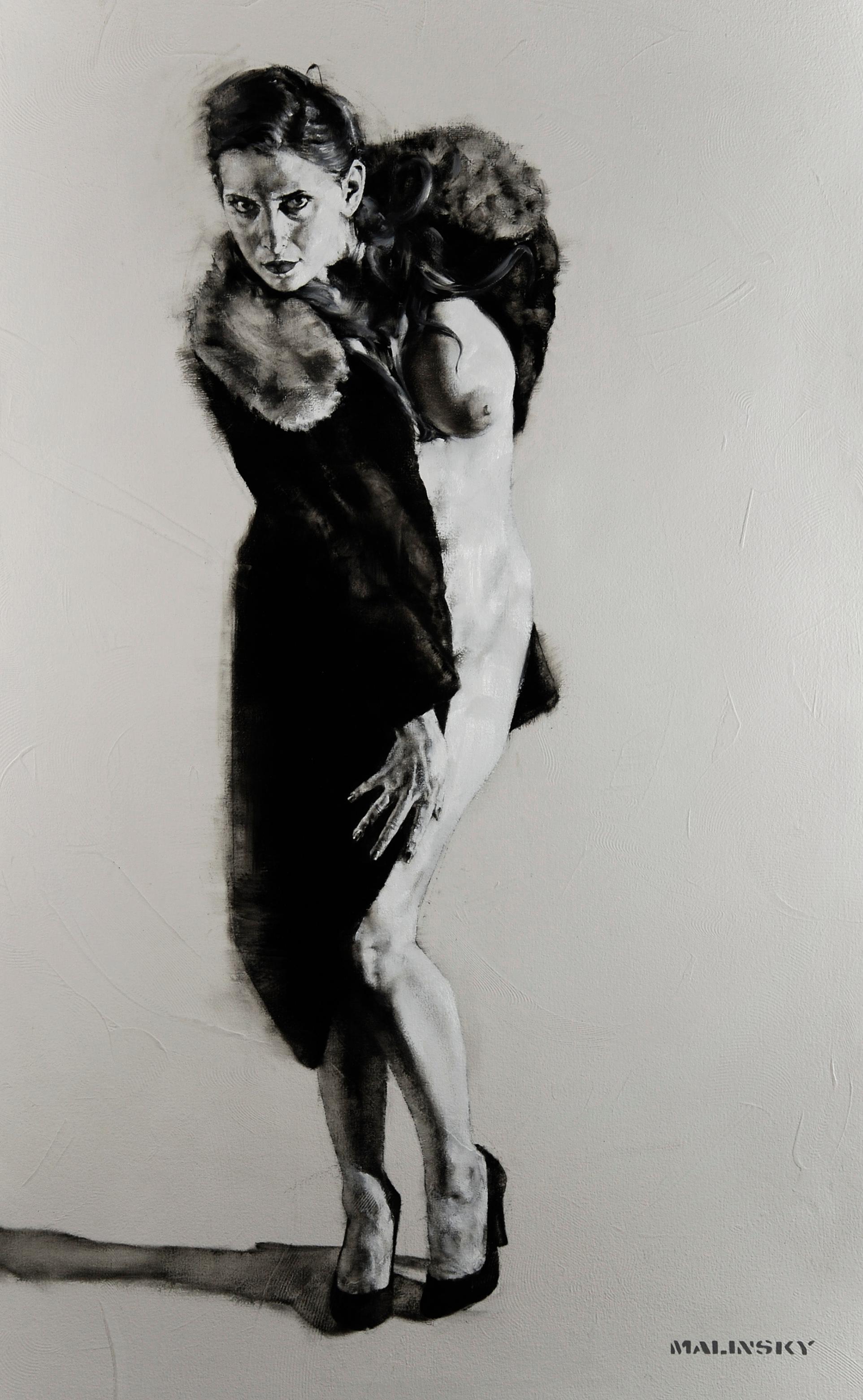"THE BLACK COAT PROJECT - CAITLIN" Pittura a olio 50" x 30" di Charles Malinsky