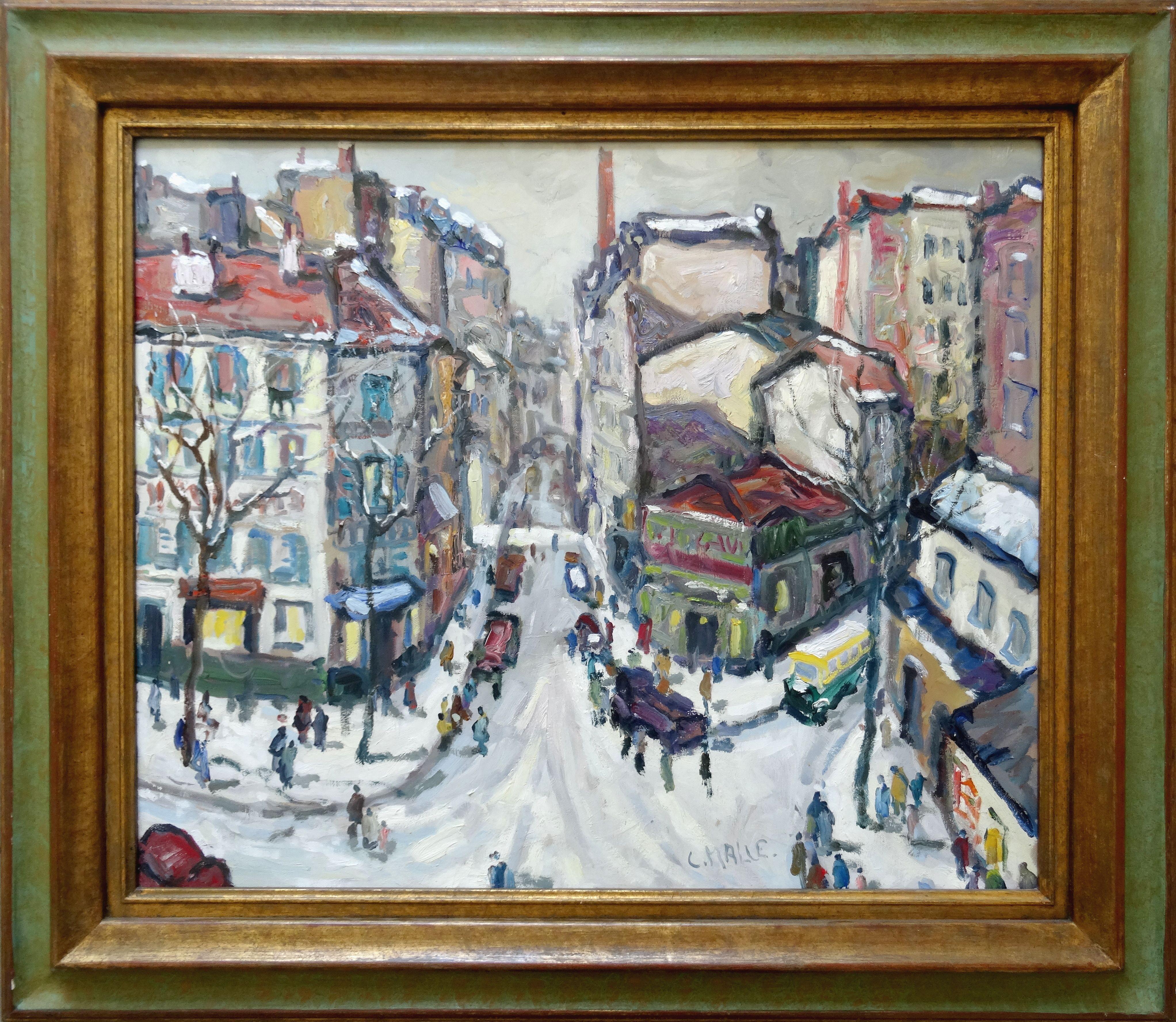 Spettacolo in rue Clisson a Parigi. Olio su tela, 54x65 cm - Painting di Charles Malle