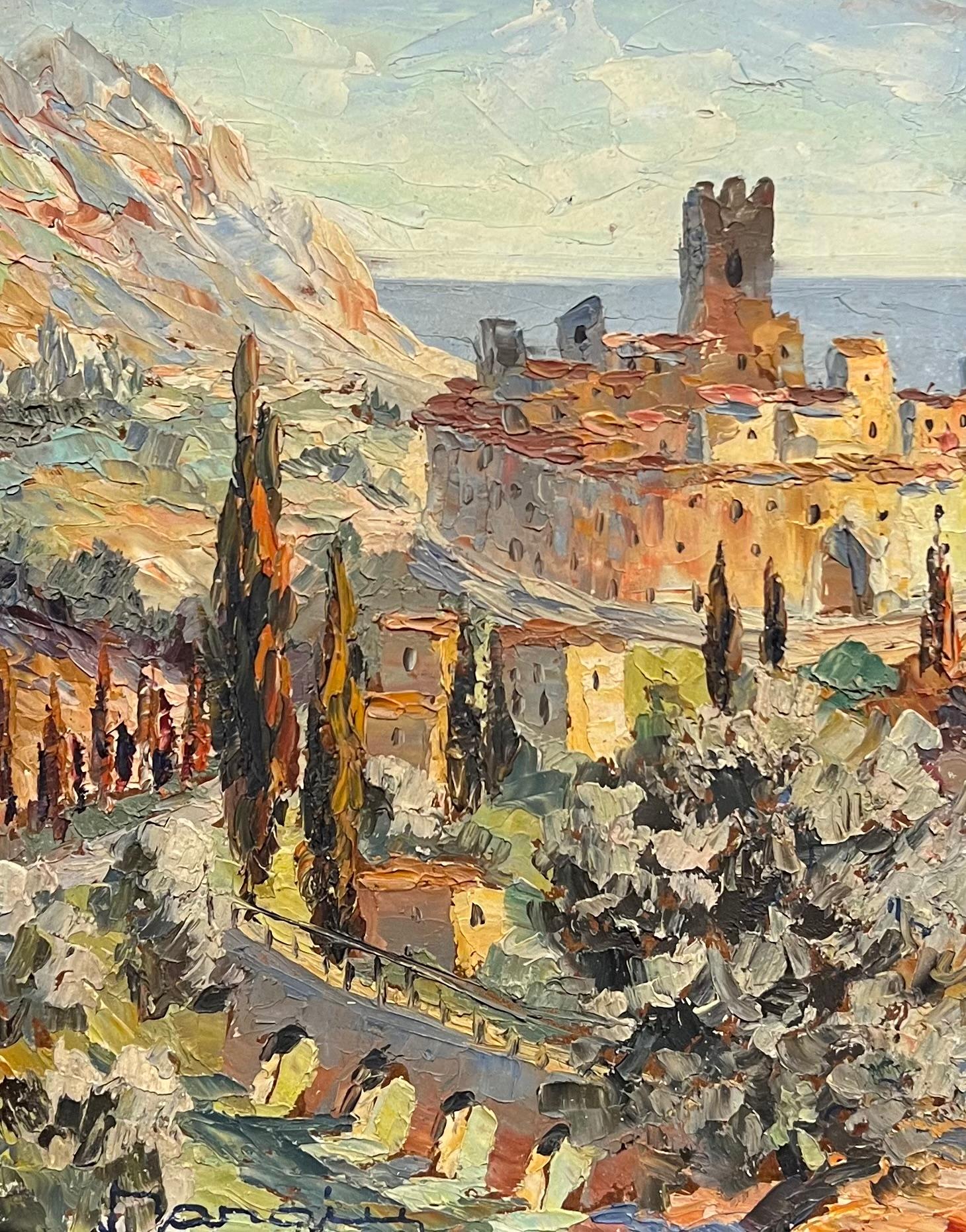 Vintage Mediterranean Hill Village Pintura al óleo impresionista Paisaje provenzal - Painting de Charles Mangin