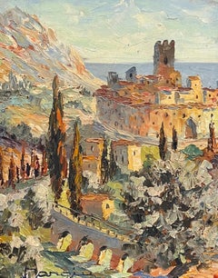 Vintage Mediterranean Hill Village Impressionist Oil Painting Provence Landscape