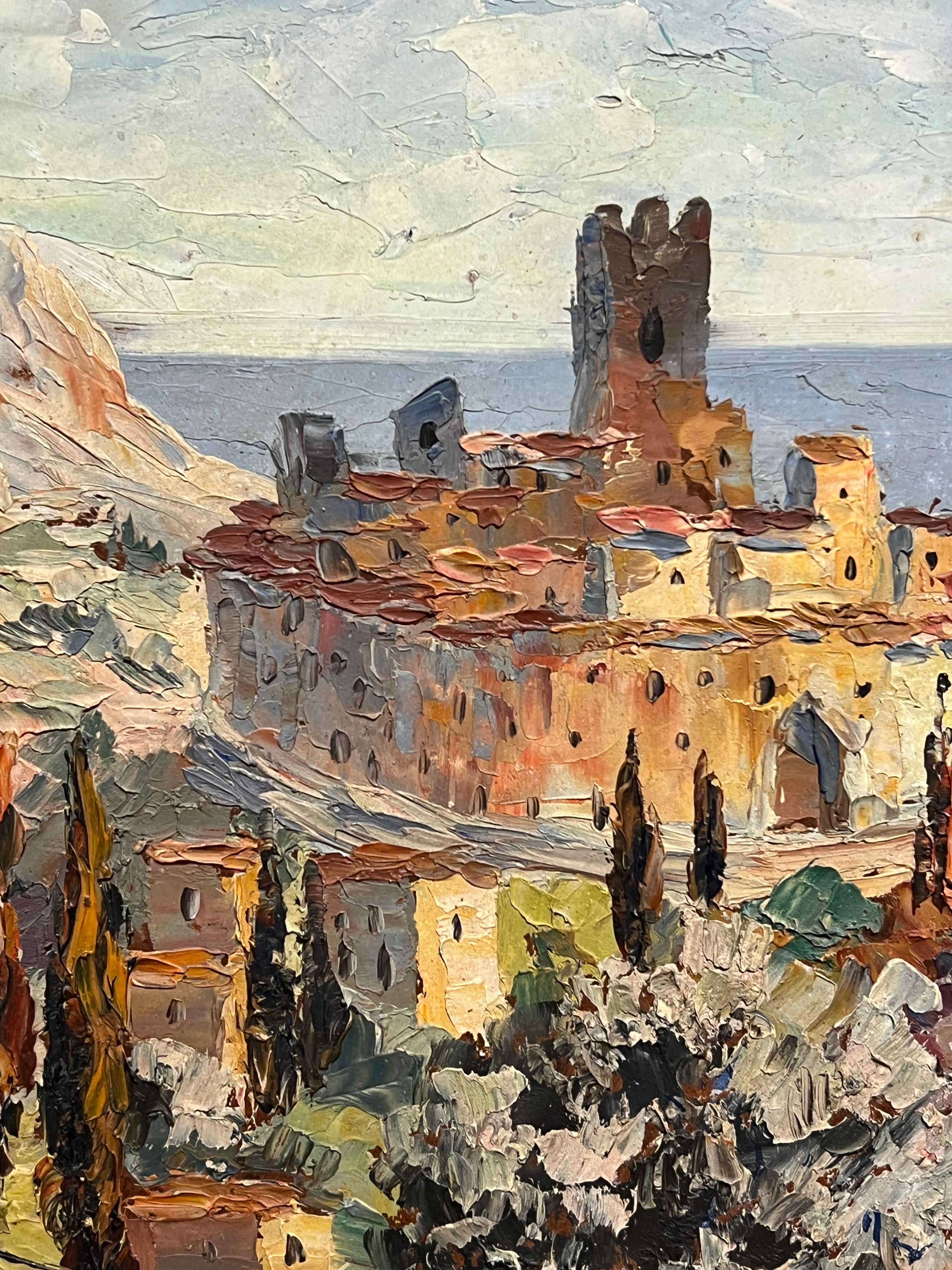 Vintage Mediterranean Hill Village Pintura al óleo impresionista Paisaje provenzal - Landscape Painting Marrón de Charles Mangin